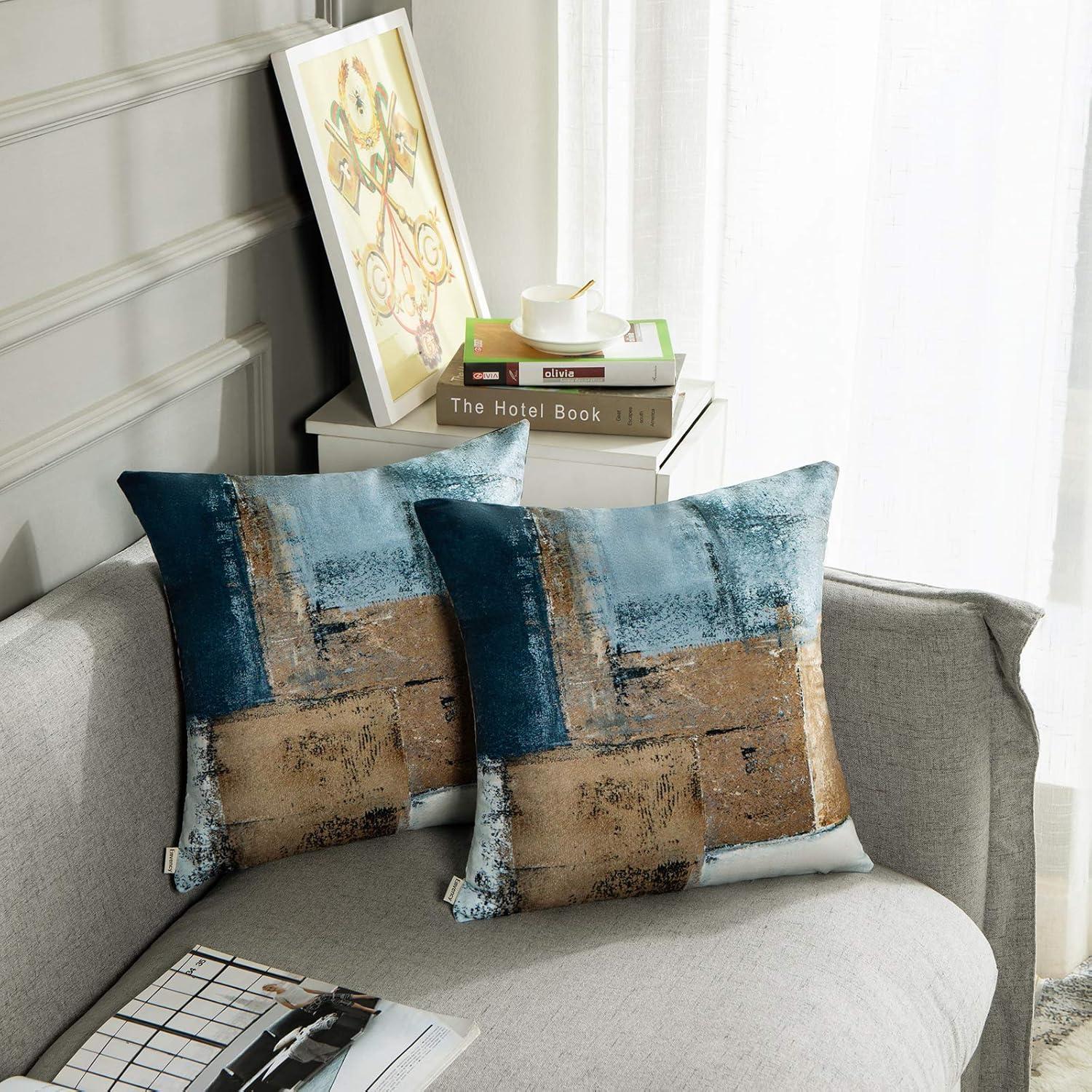 Britimes Throw Pillow Covers Modern Home Art Decor, 18 x 18 Inches Set of 2 Pillow Cases Decorative, Abstract Oil Painting Pillowcases for Bedroom, Living Room, Cushion Couch Sofa, Brown Blue