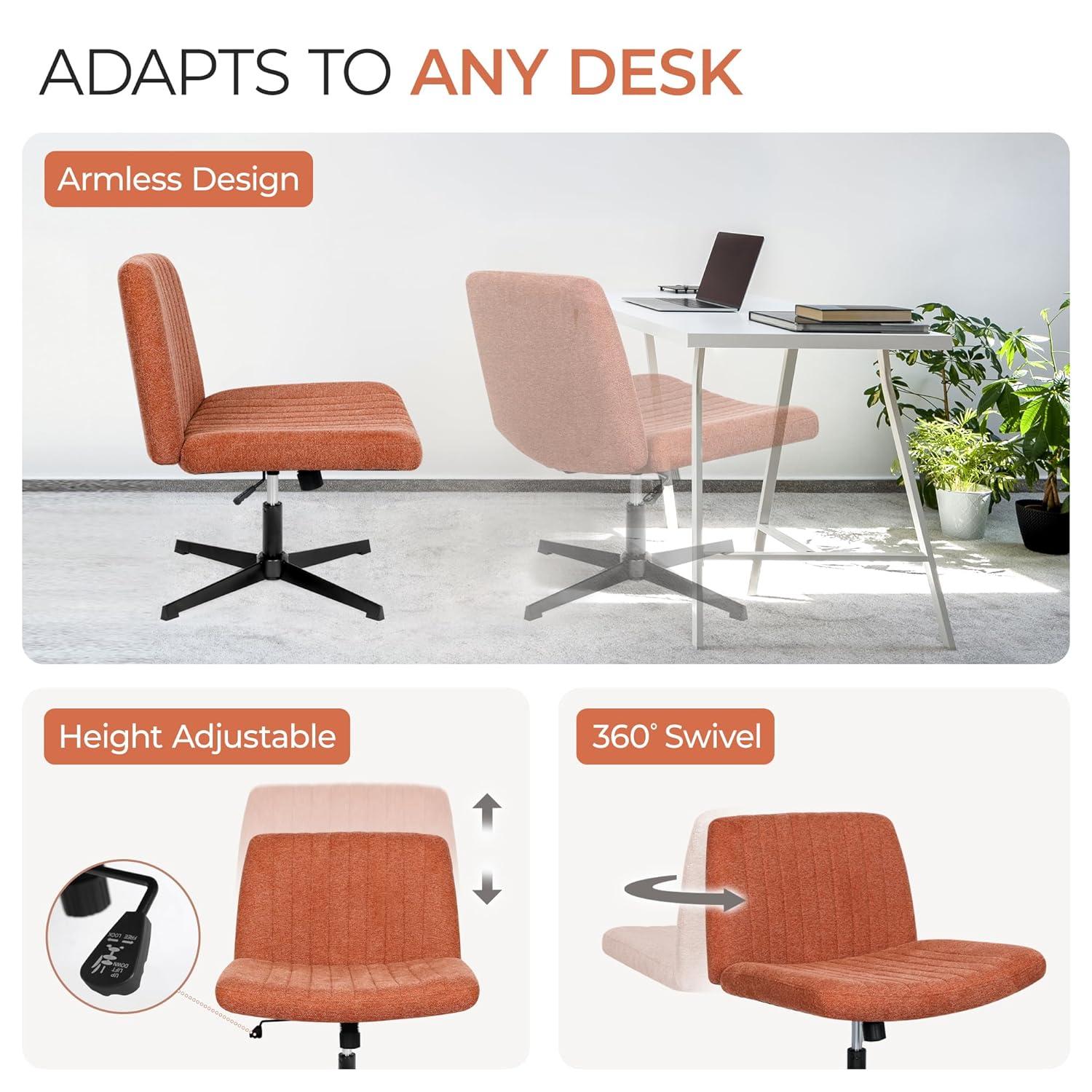 Orange Factory Brown Office Chair, Armless Criss Cross Legged Chair No Wheels, Comfy Home Office Desk Chairs, Adjustable Swivel Padded Fabric Vanity Task Computer Chair