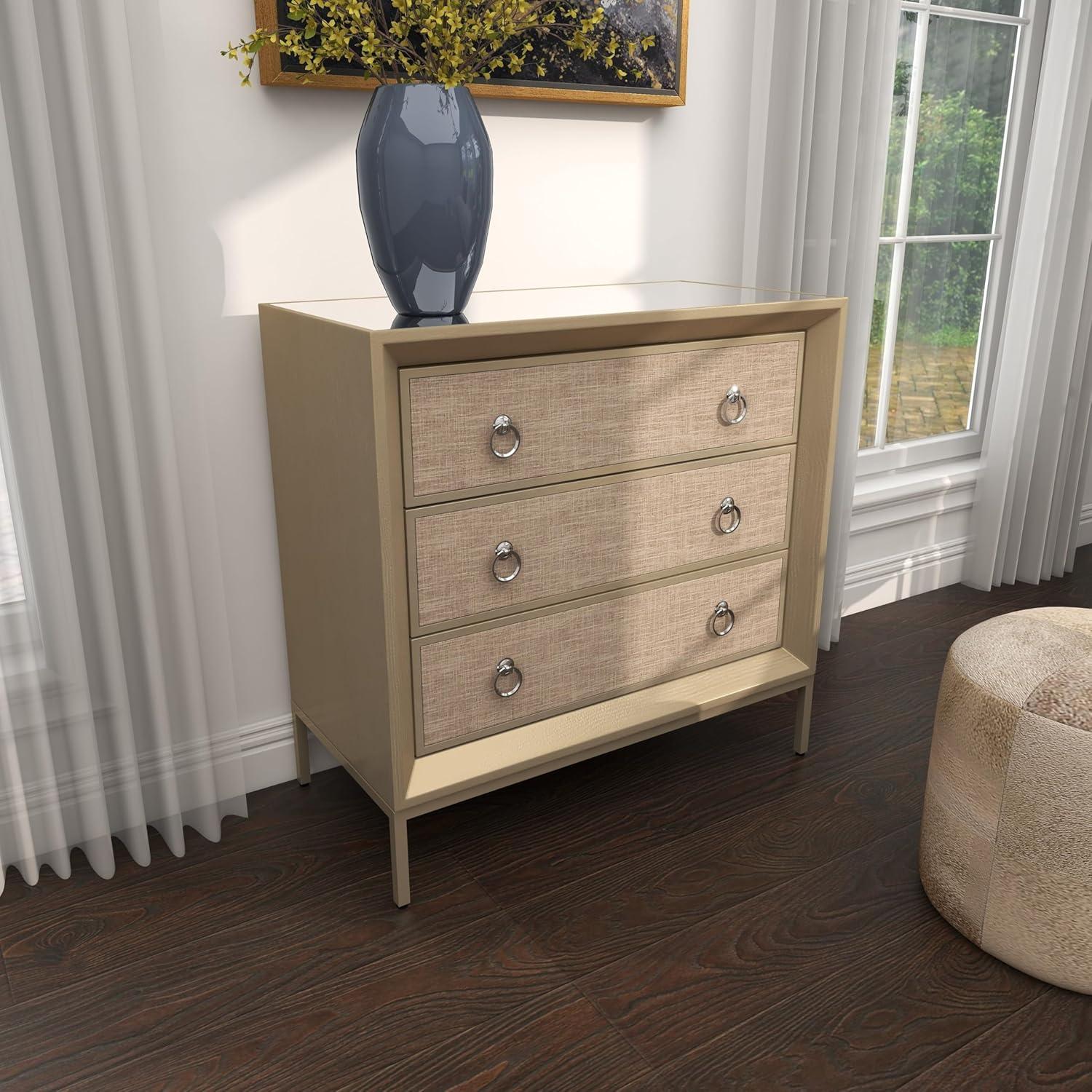 Imboden Wooden Upholstered Front Panel 3 Drawer Room Chest with Mirrored Top and Ring Handles