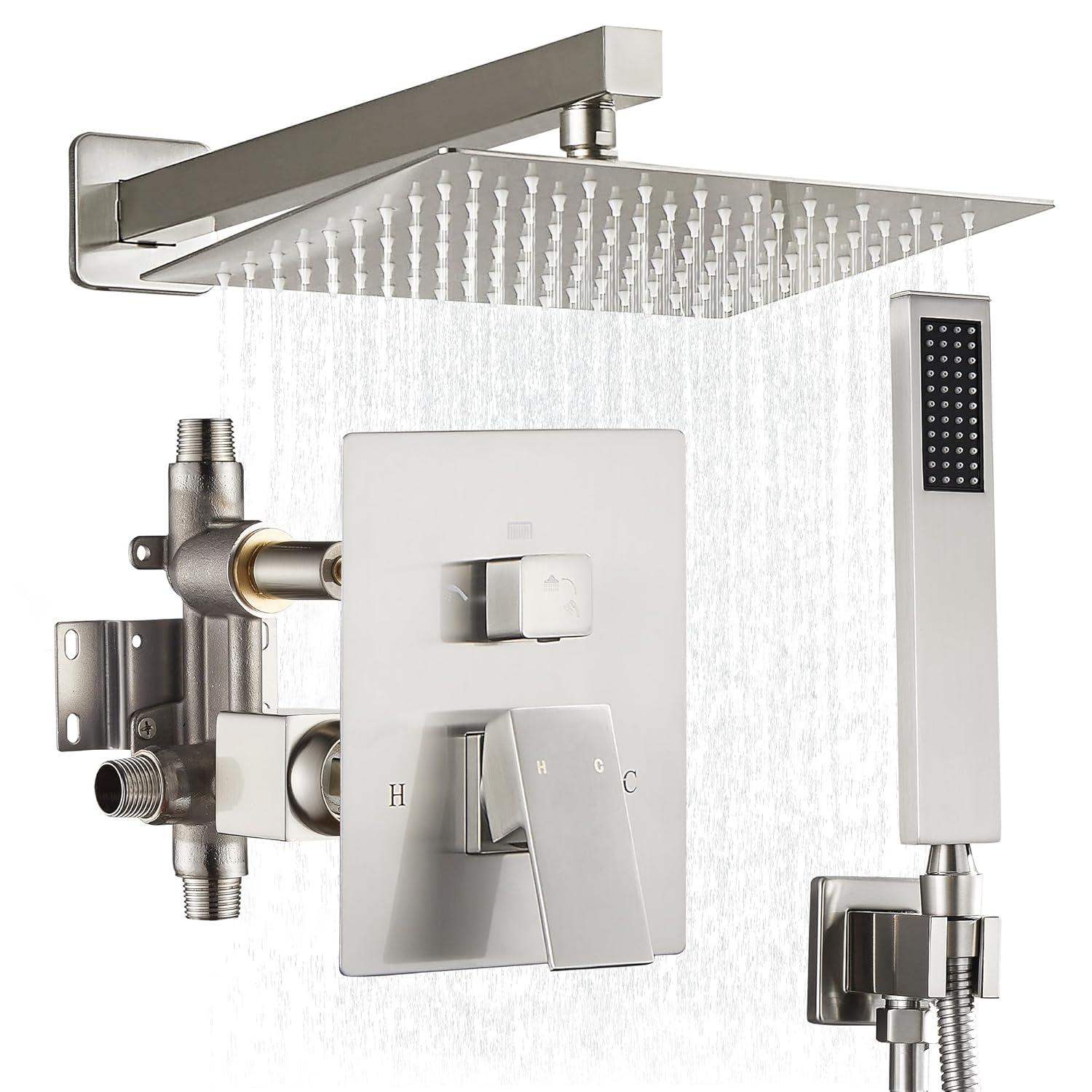 AWZTOO Wall Mounted Shower Faucet With Hand Shower Modern Shower System Set 10 Inch Rainfall Shower Head With Pressure Balance Valve Brushed Nickel