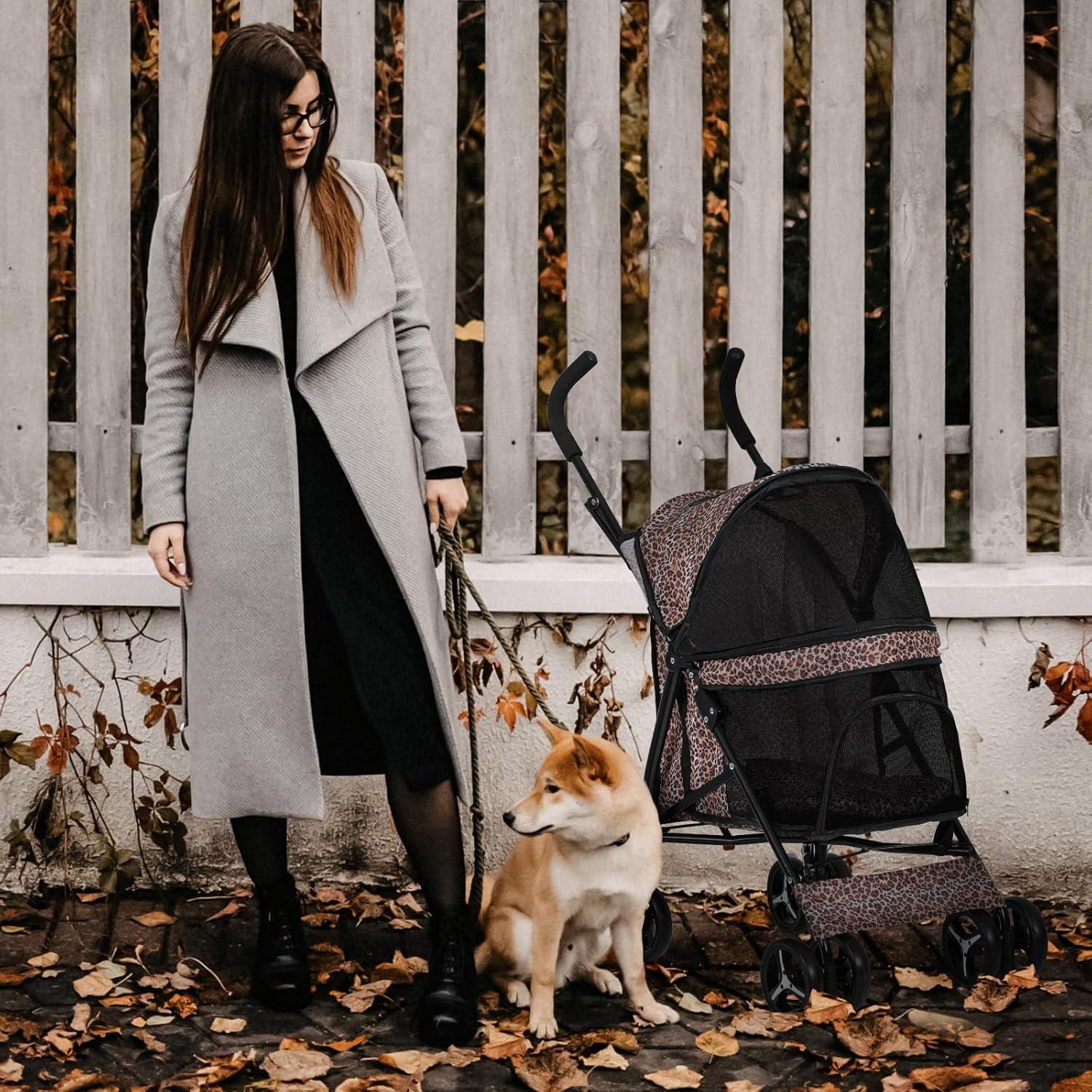 Leopard Print Steel Frame Dog Stroller with Mesh Windows