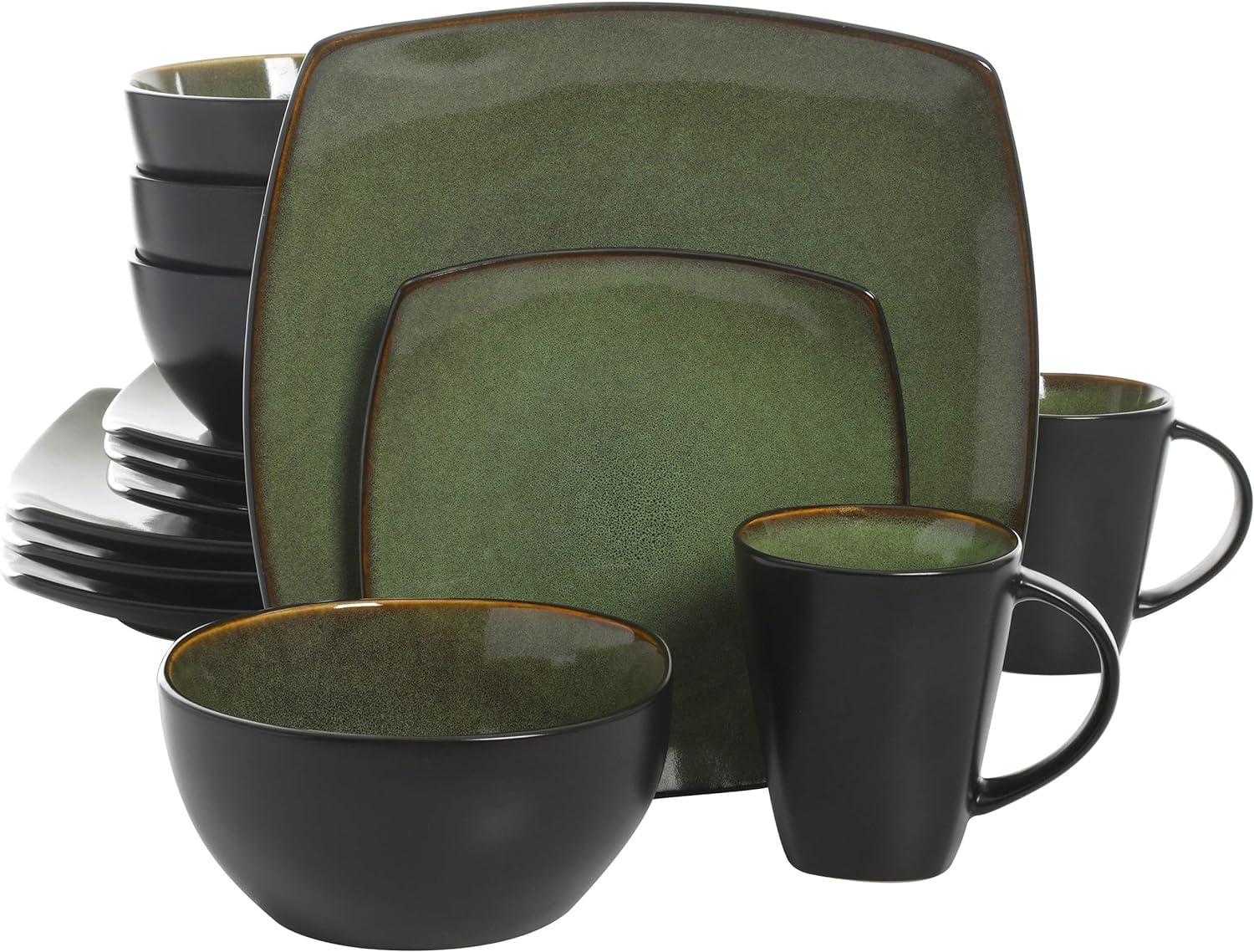 Gibson Soho Lounge Square 16-Piece Stoneware Dinnerware Set Green
