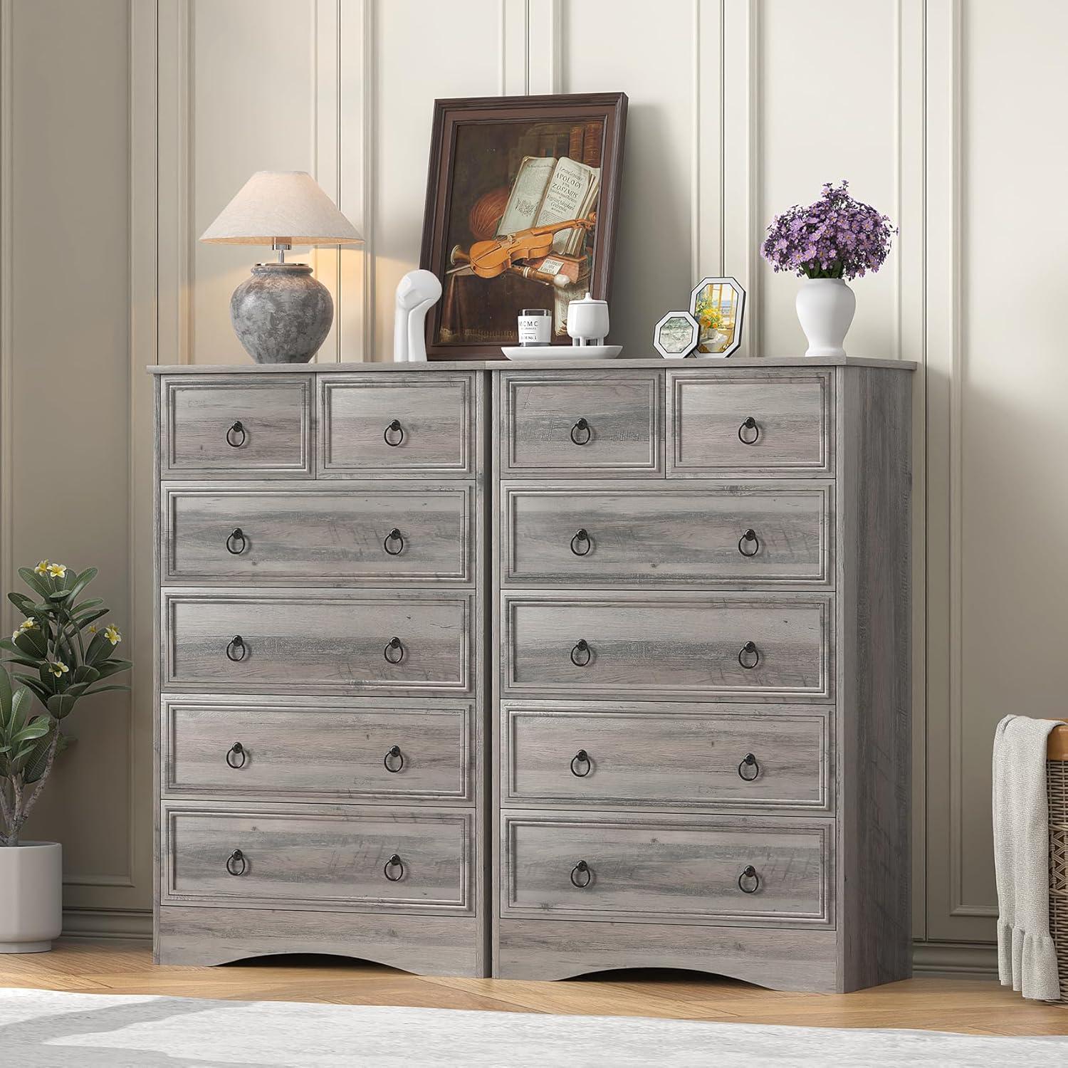 LGHM Modern 6 Drawer Dresser, Dressers for Bedroom, 44.33" Tall Chest of Drawers Closet Organizers & Storage Clothes - Easy Pull Handle, Textured Borders Living Room, Hallway, Gray