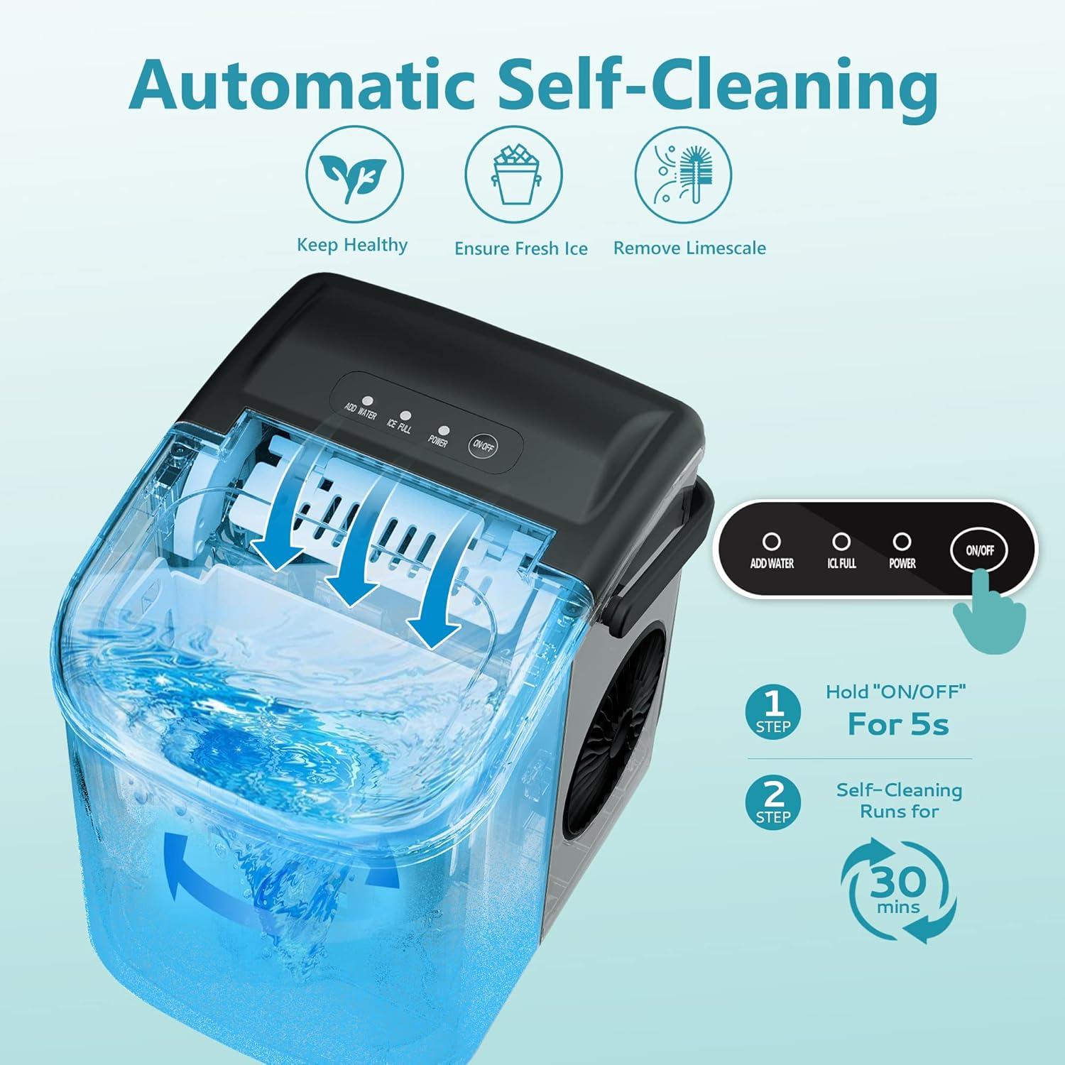 Ice Maker Countertop with Handle, 26lbs in 24Hrs, 9 Ice Cubes Ready in 6 Mins, Auto-Cleaning Portable Ice Maker with Basket and Scoop, for Home/Kitchen/Camping/RV. (2024 New Silver) Utensils