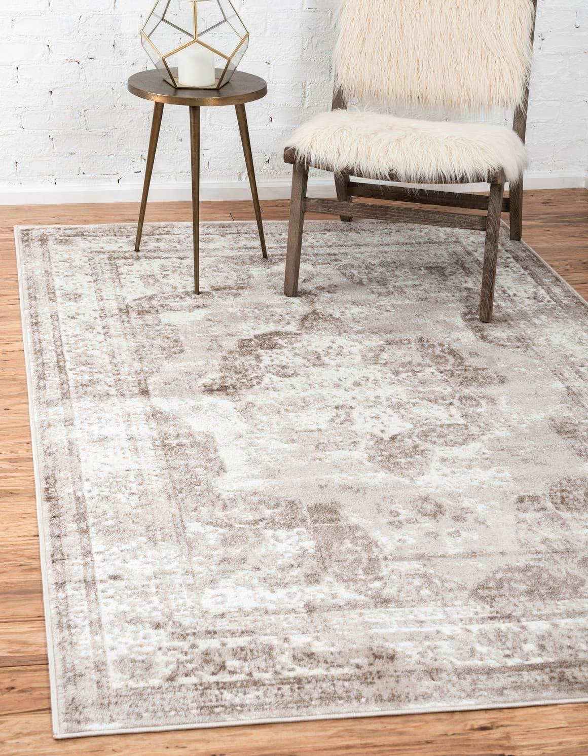 Beige 5'3" x 8' Synthetic Rectangular Easy-Care Area Rug