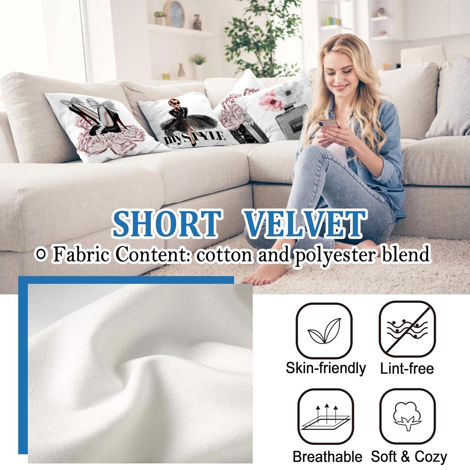 Set of 4 18x18 Pink Throw Pillow Covers Couch Bed Decorative Pillow Covers Fashion Girls Silver Perfume Flowers Cute Accent Pillow Covers Bedroom Black White Velvet Pillowcases (Pink and Gray)