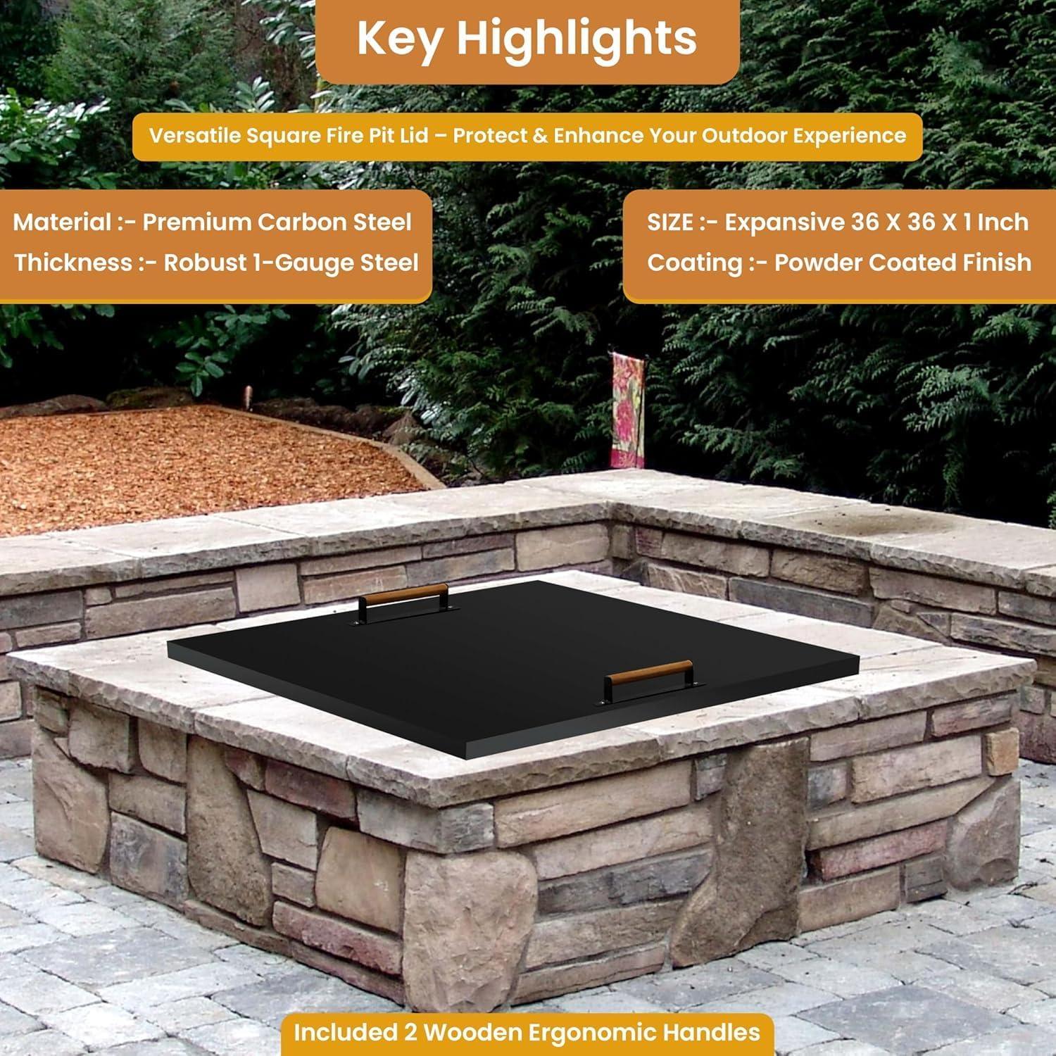 FEBTECH Fire Pit Snuffer Lid - Fire Pit Lid Square 34X34 Fire Pit Cover Square, Rust Resistant Firepit Lid,Carbon Steel Fire Pit Table Lid Square, Compatible For Firepit & Firepit Table Inside Dia Up To 32".