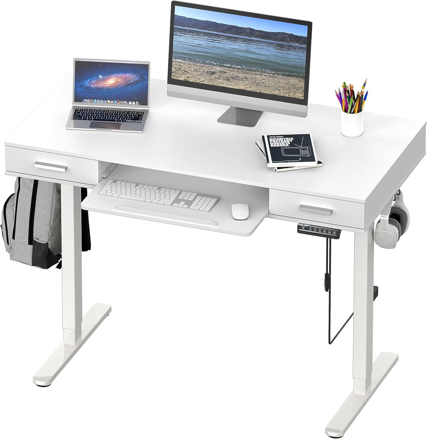 White Adjustable Height Standing Desk with Keyboard Tray and Drawers