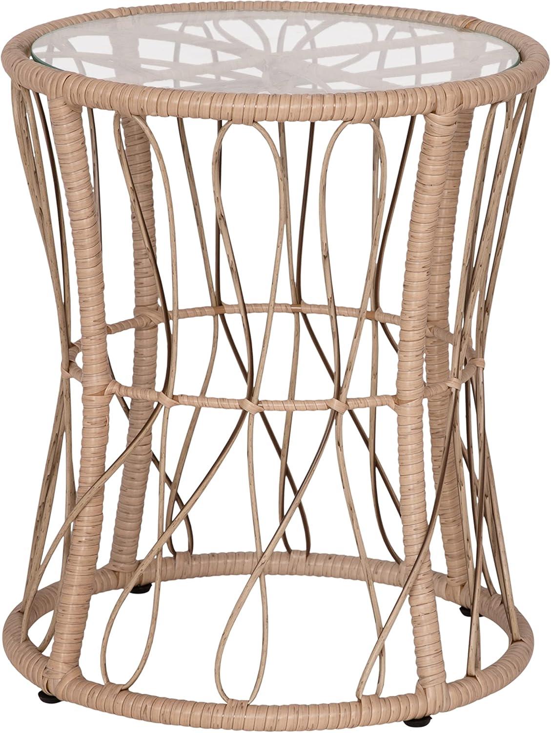 Taylor & Logan Fielder 3-Piece Tan Indoor/Outdoor Bistro Set with Papasan Style Rattan Rope Chairs, Glass Top Side Table & Black Cushions
