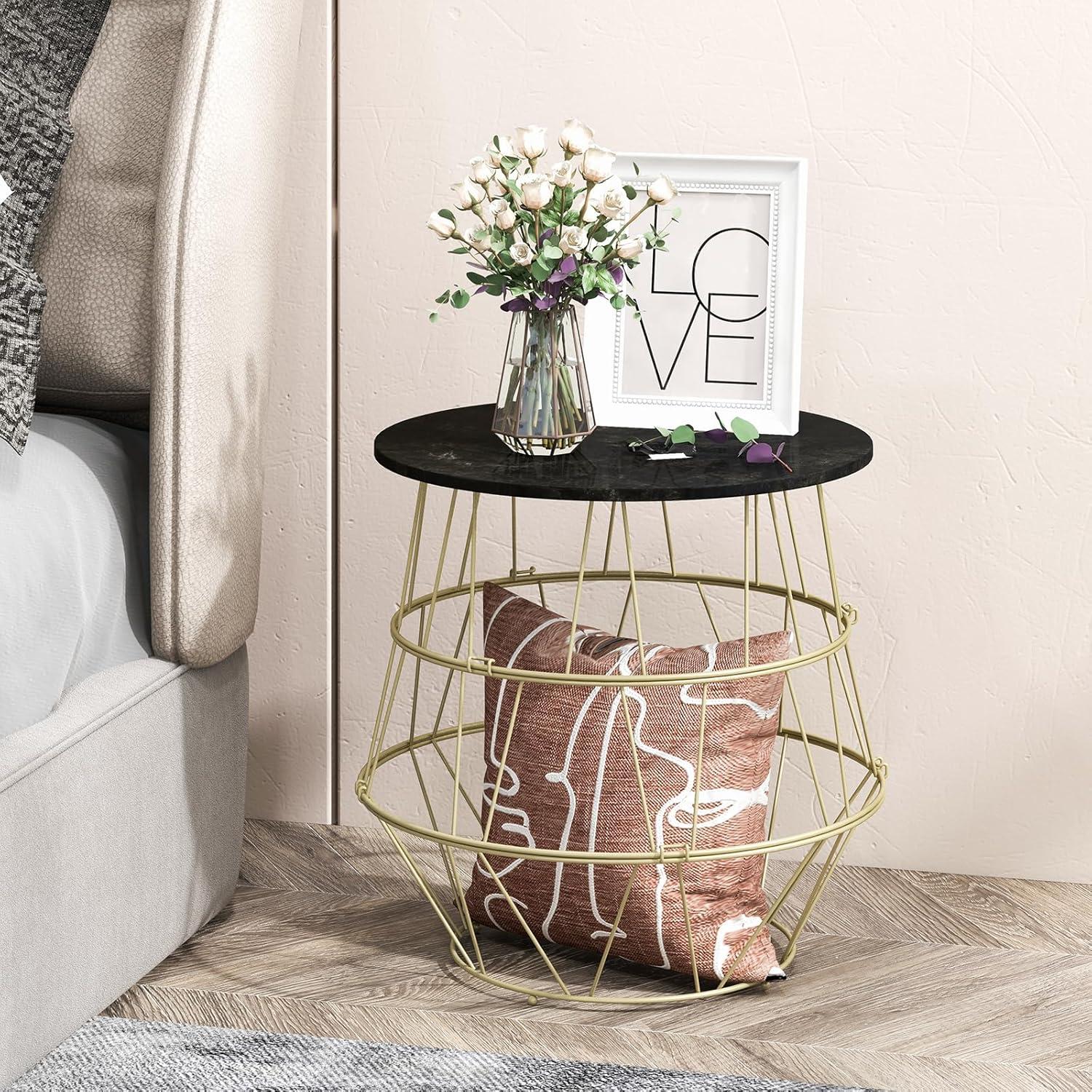 Giantex Faux Marble Coffee Table, Round Side End Table with Gold Metal Frame & Removeable Top, Modern Sofa Accent Bedside Table for Living Room, Bedroom, Small Space, Easy Installation (1)