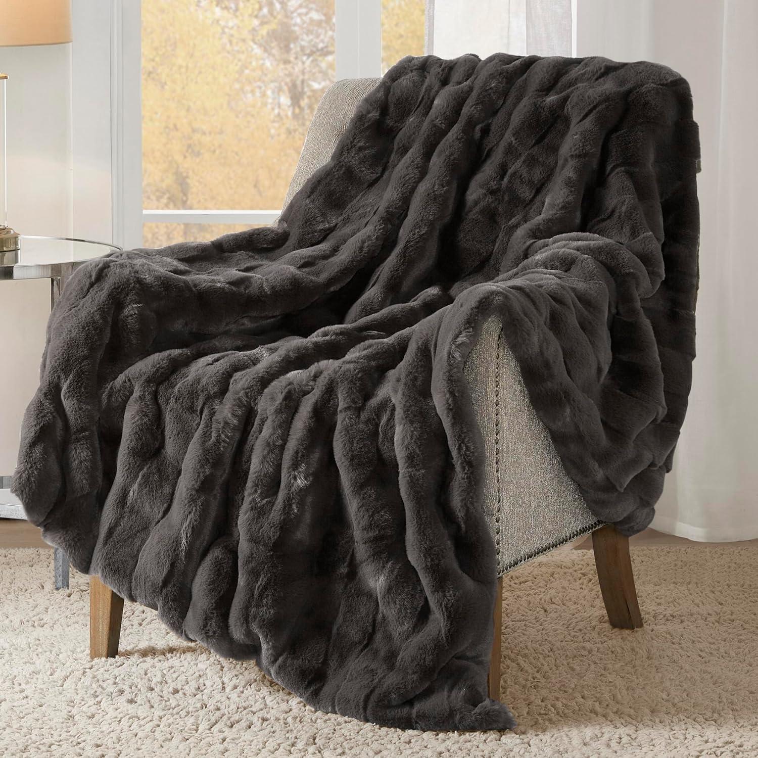 Gray Reversible Faux Fur Basketweave Throw Blanket