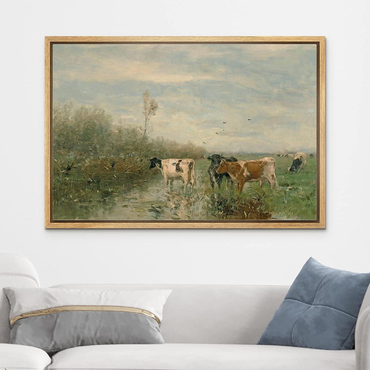 Cow in the River Landscape Farmhouse Country Pictures Decor Wall Art Framed Canvas Painting Print