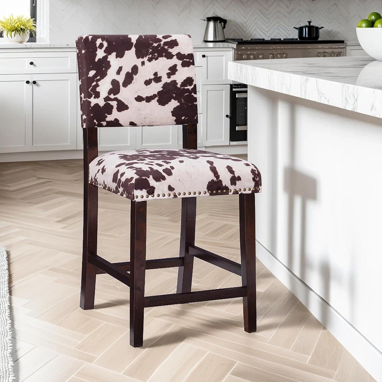 Linon 24" Corey Microfiber Upholstery Counter Height Barstool Cow print : Farmhouse Style, Wood Frame, Footrest