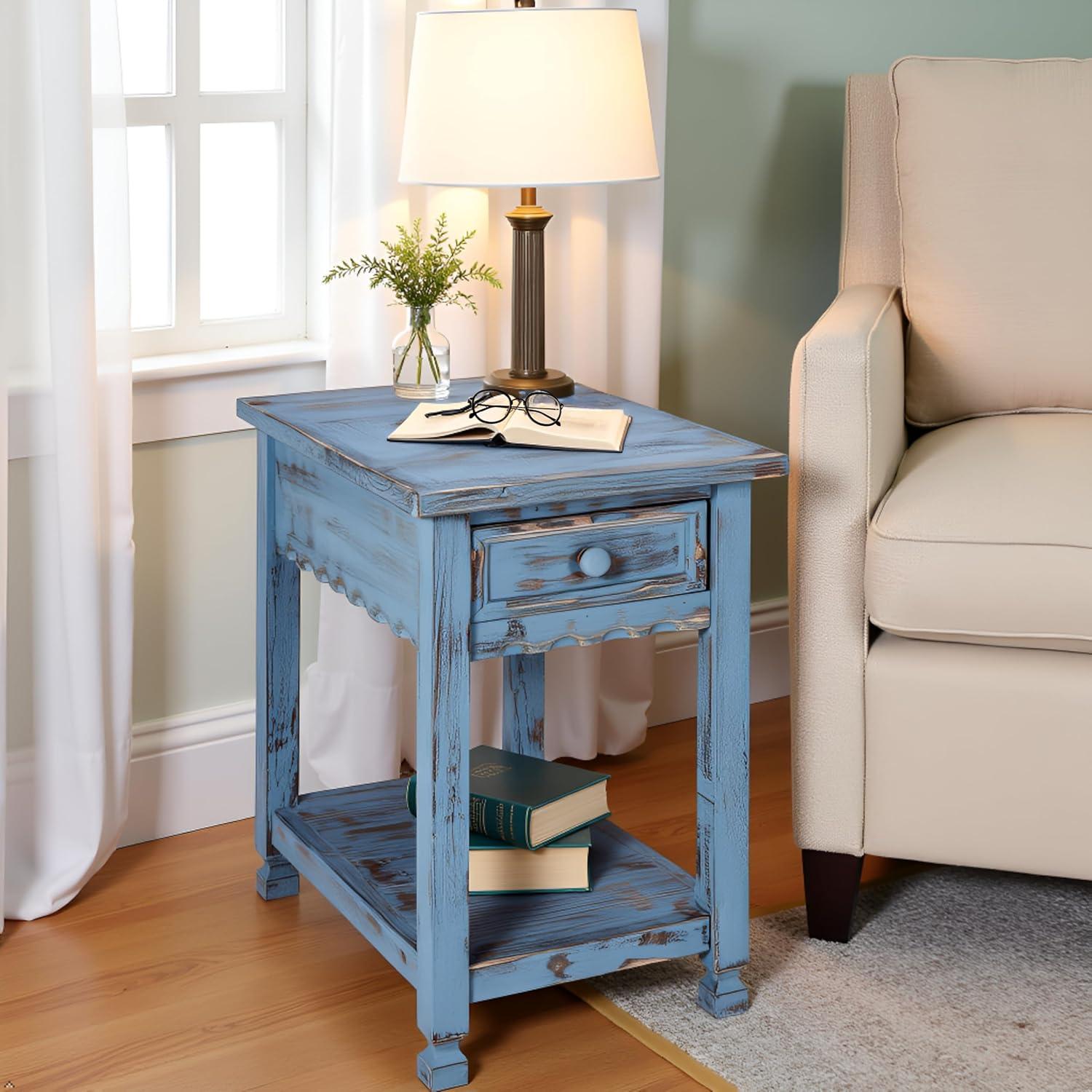 Alaterre Furniture Country Cottage Chairside End Table with 1 Drawer and 1 Shelf, Square Turned Legs, Farmhouse Style for Living Room, Antique Blue Finish