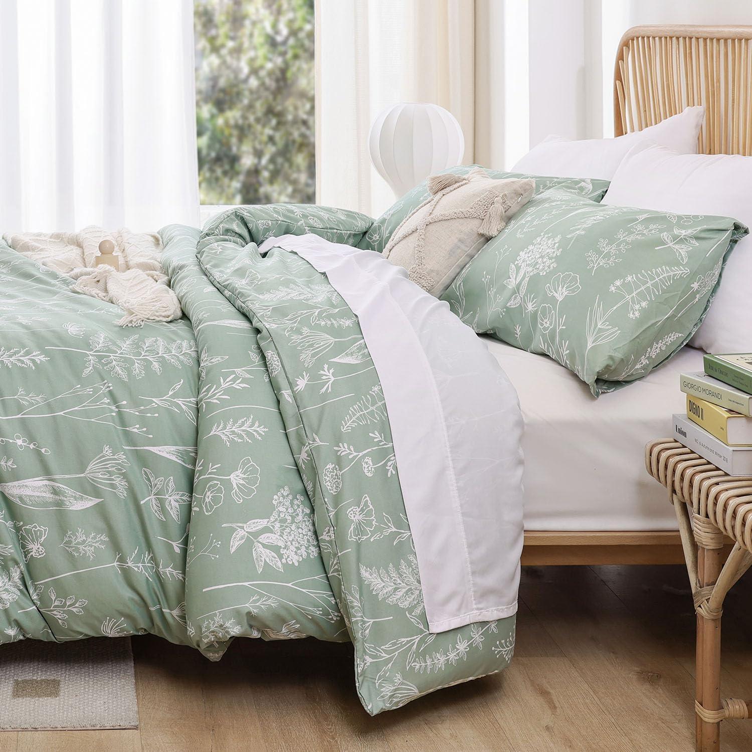 2 Pcs Floral Printed Reversible Sage Green Comforter Set Twin/Twin XL Size Soft Designed Plants Pattern Bedding Set - Bedsure