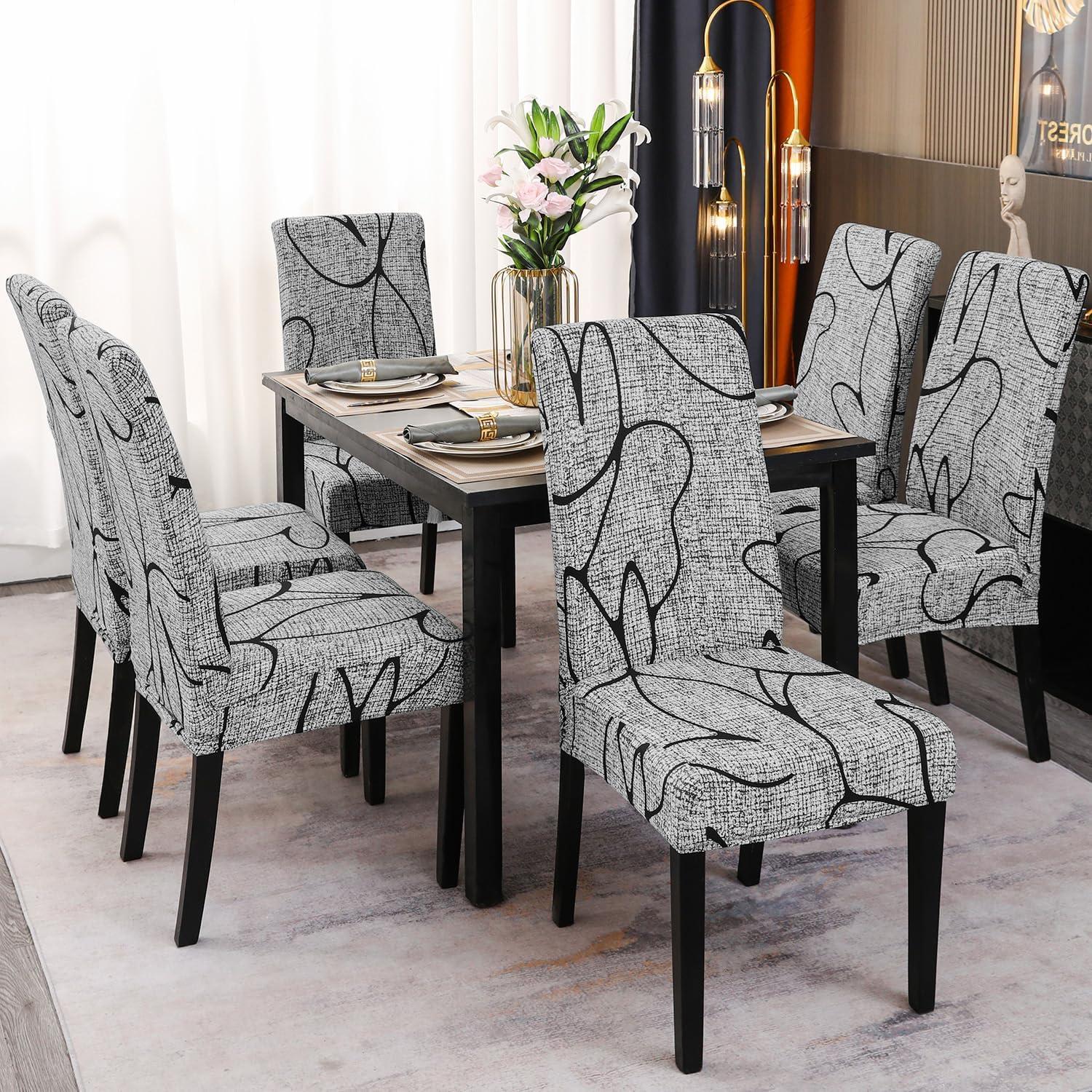 Gray Lotus Pattern Stretch Dining Chair Covers, Set of 4