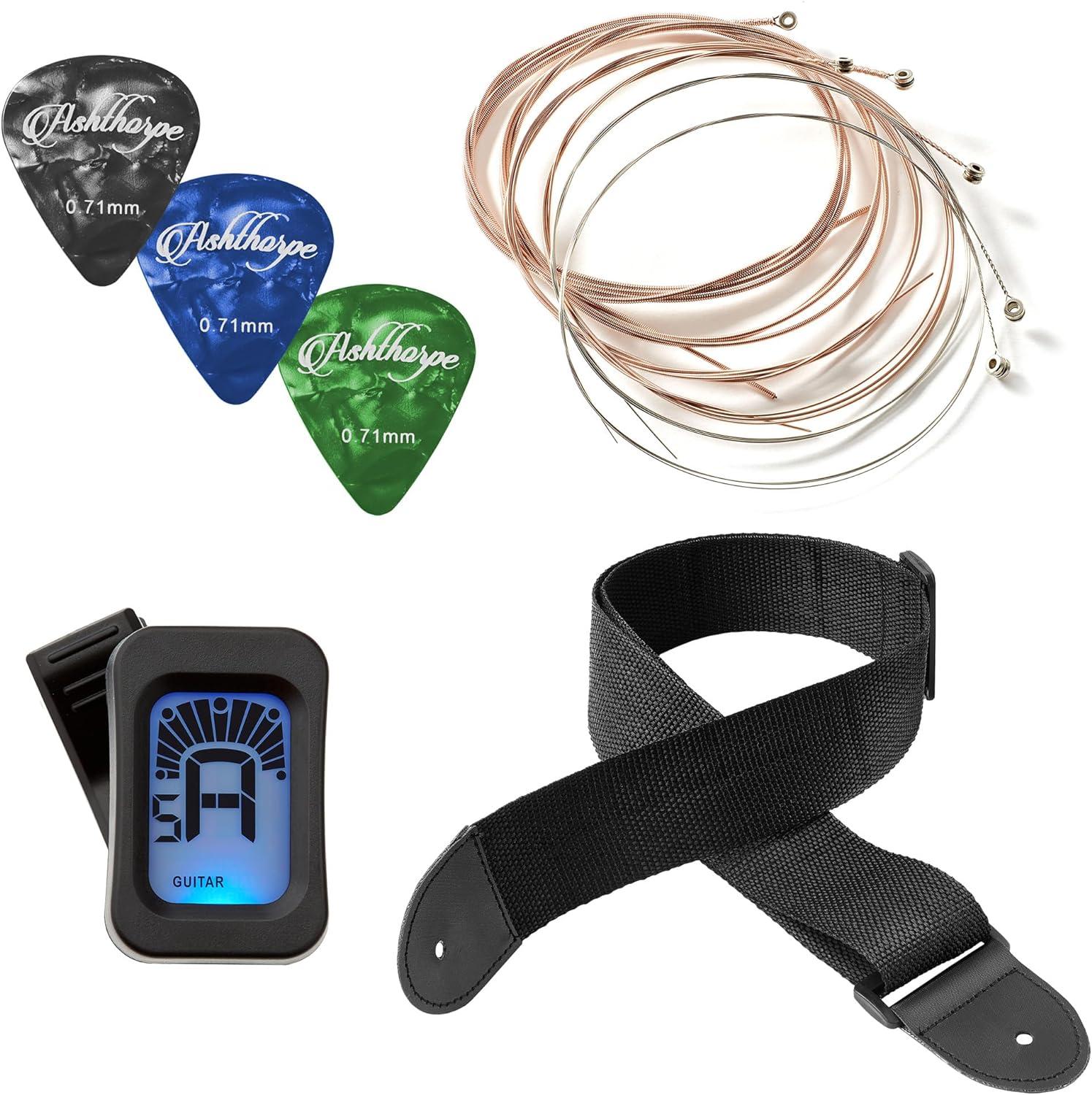 Ashthorpe 30-Inch Beginner Acoustic Guitar - Black, Basic Starter Kit with Gig Bag and Accessories