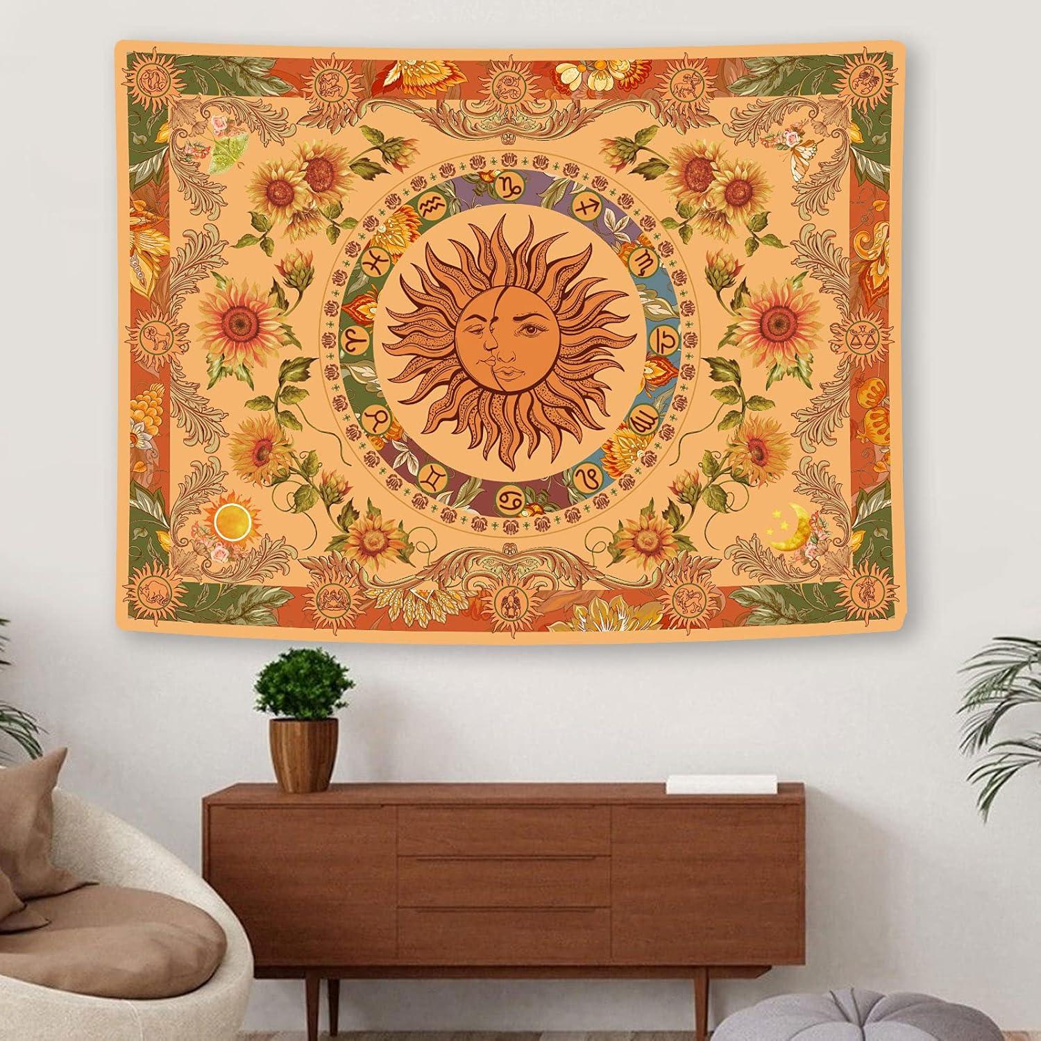 Orange Sun and Moon Polyester Tapestry with Sunflowers, 60'' × 80''