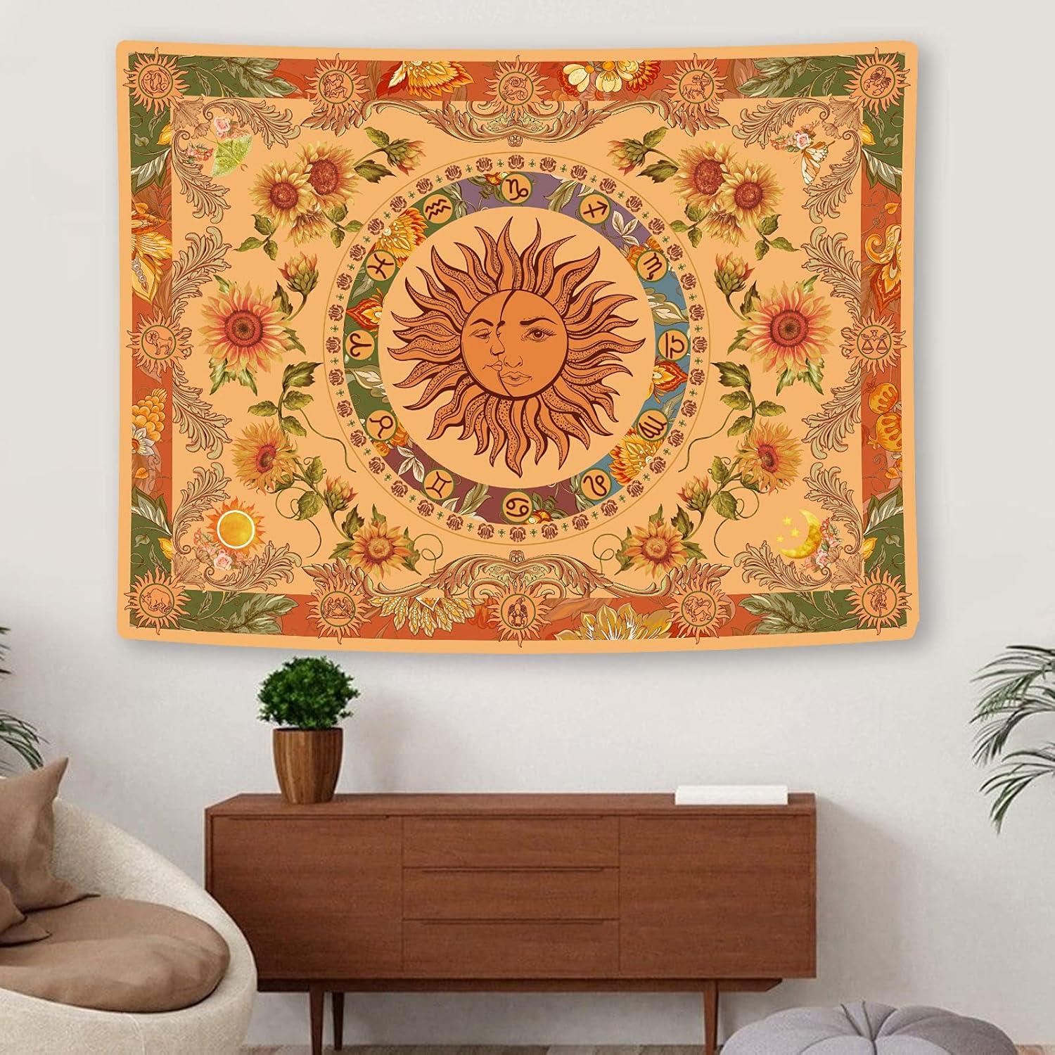 Accnicc Yellow Sun and Moon Tapestry Vintage Indie Boho Tapestry Wall Hanging with Sunflowers Butterfly Moth Constellation Aesthetic Wall Tapestries for Bedroom Dorm Living Room (Orange, 48'' × 36'')