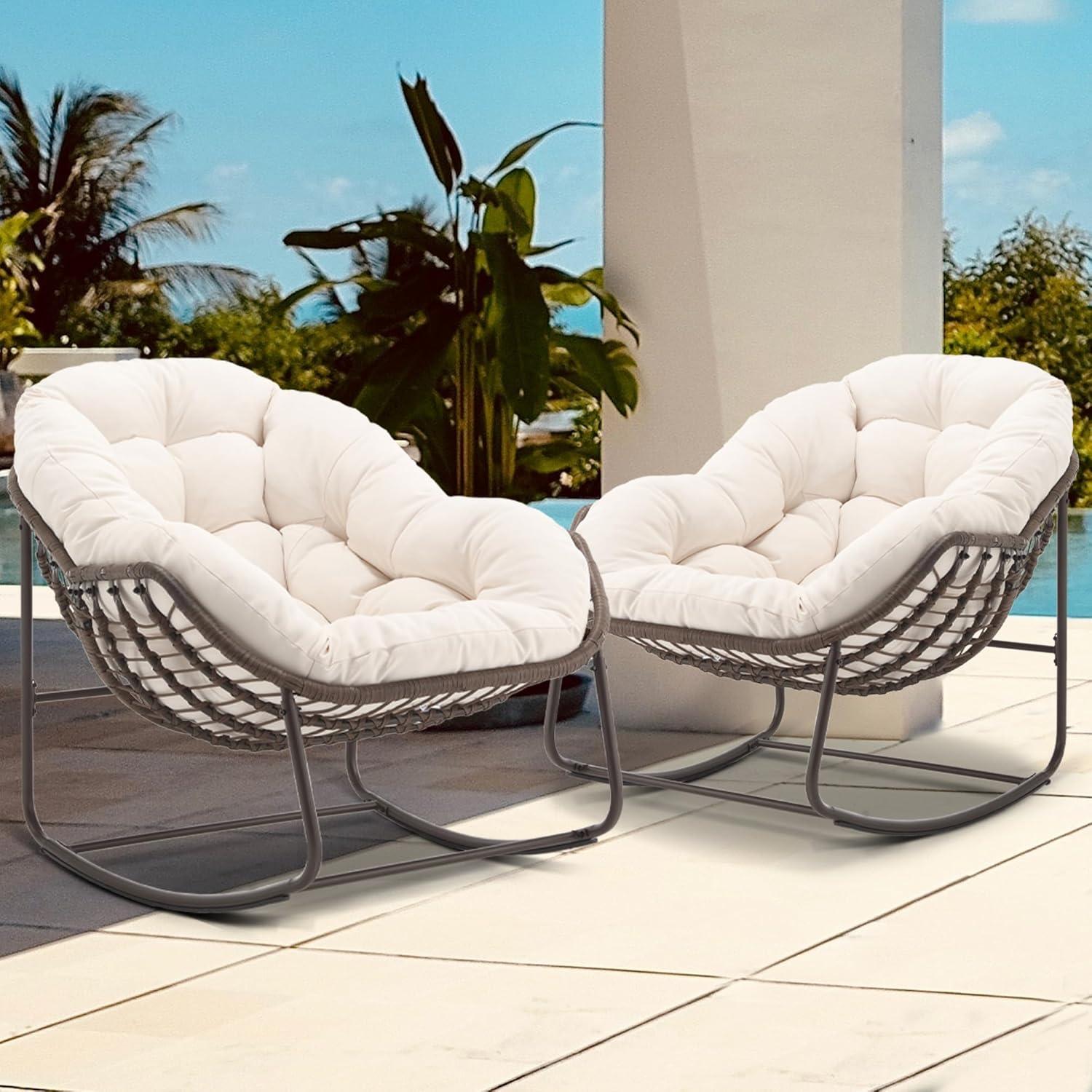 Outdoor Papasan Rocking Chair - Oversized Comfy Patio Chair Set of 2 Indoor Egg Royal Double Rattan Rocking Chair with Cushion for Front Porch Lounge Lawn Bedroom (Cream)