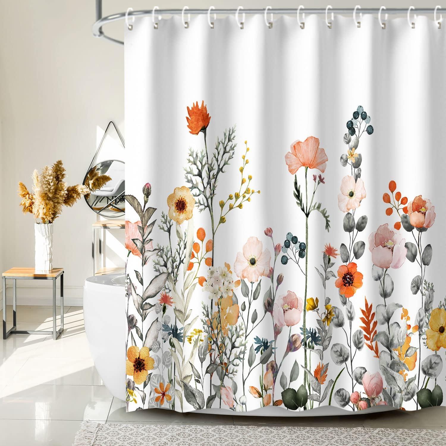 Colorful Floral Wildflower Polyester Shower Curtain with Hooks