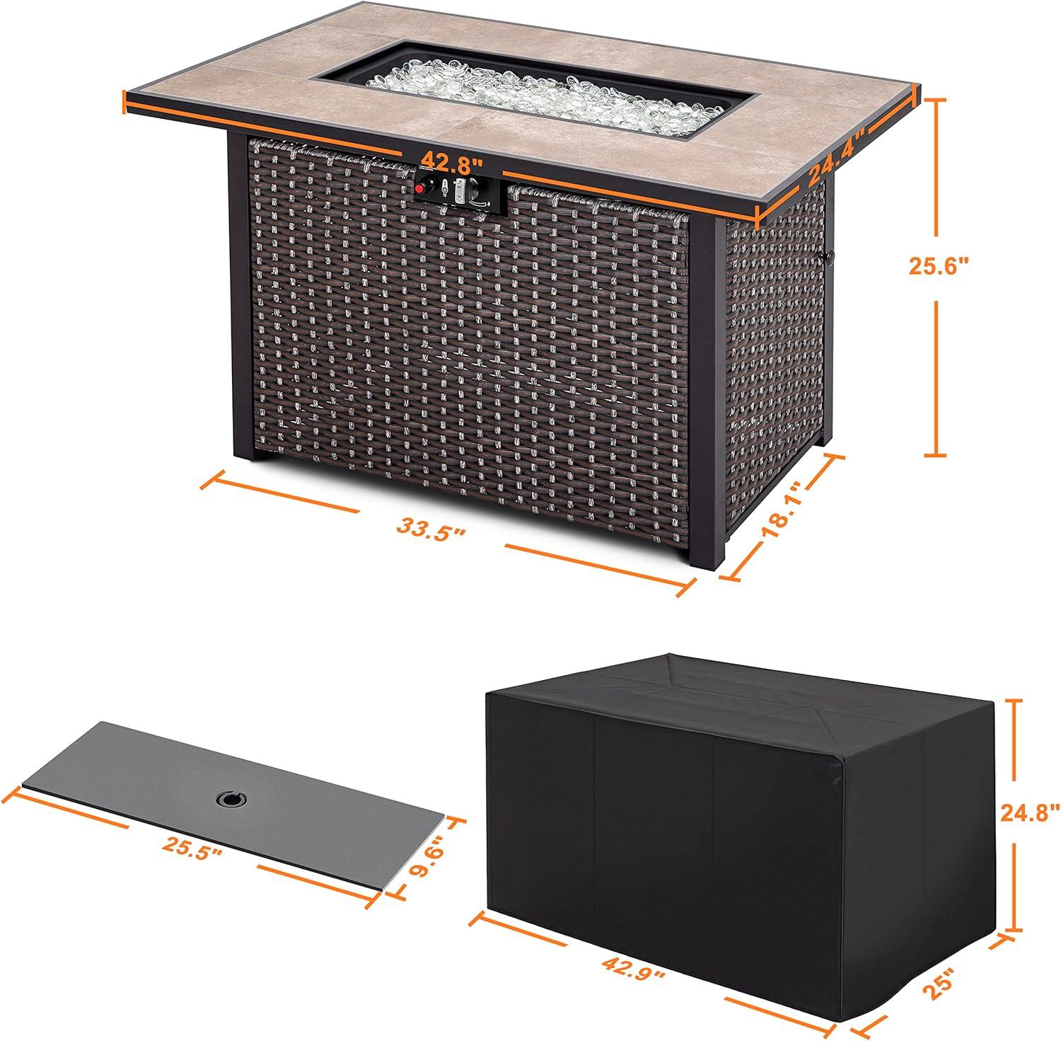 Nuu Garden 43’’ Outdoor Fire Pit Table 50,000 BTU Rattan Fire Pit with Lid and Glass Beads, Brown