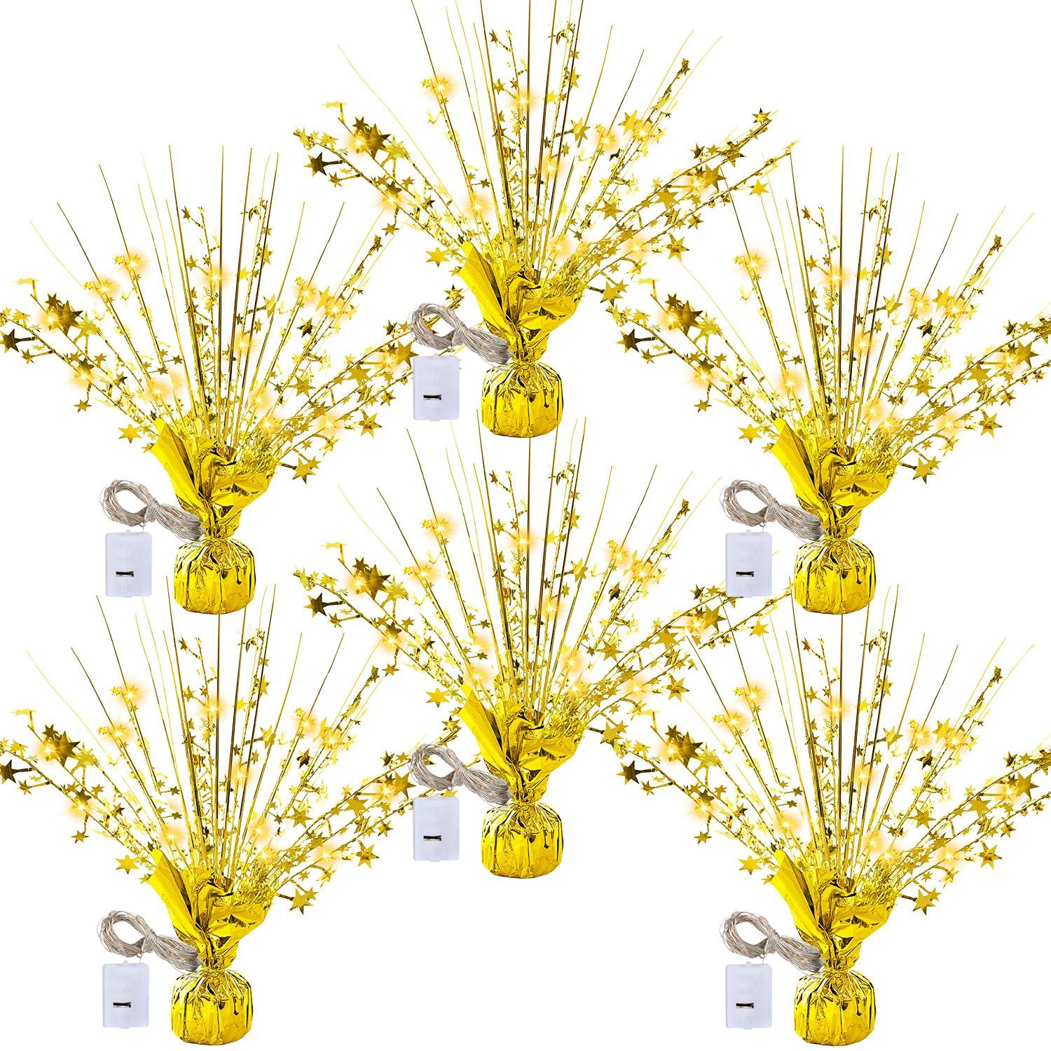 6 Sets Metallic Foil Spray Centerpiece with LED Lights Star Centerpieces for Tables Burst Metallic Glitter Foil Party Table Centerpieces for Party Event Anniversary Birthday Dining Table Decor