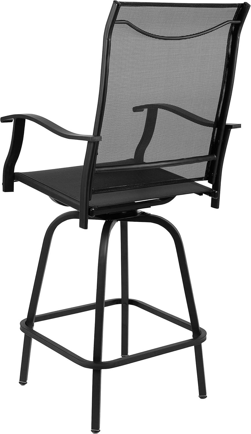 Flash Furniture Patio Bar Height Stools Set of 2, All-Weather Textilene Swivel Patio Stools and Deck Chairs with High Back & Armrests in Black
