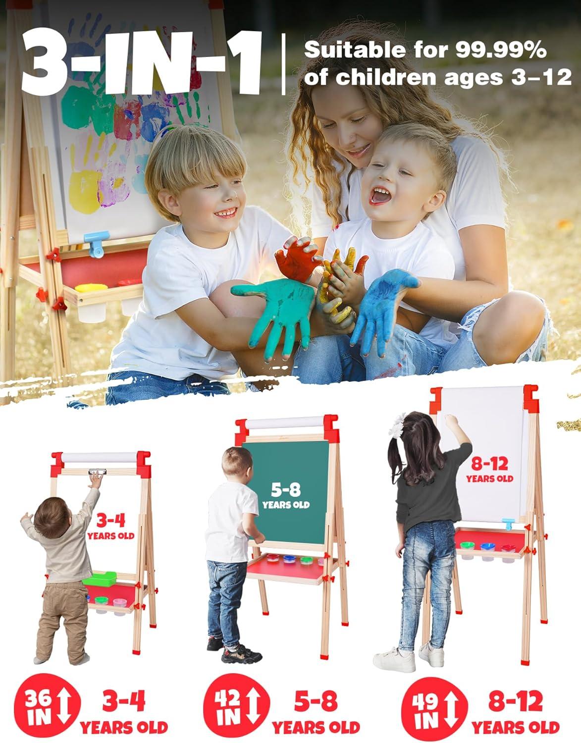 Joyooss Kids Wooden Art Easel with Paper Roll,Double Sided Whiteboard & Chalkboard Children Easel,Adjustable Height