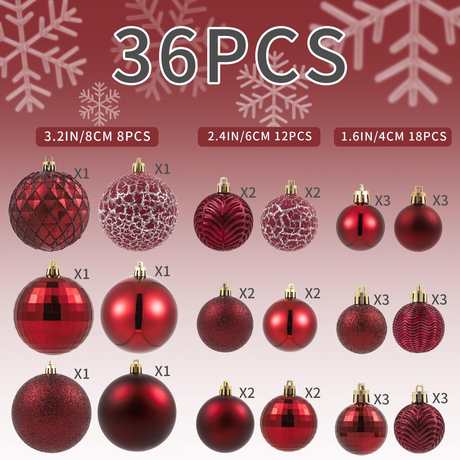 GameXcel Christmas Balls Ornaments for Xmas Tree - Shatterproof Christmas Tree Decorations Small Hanging Ball Wine Red 1.6 Inch x 36 Pack