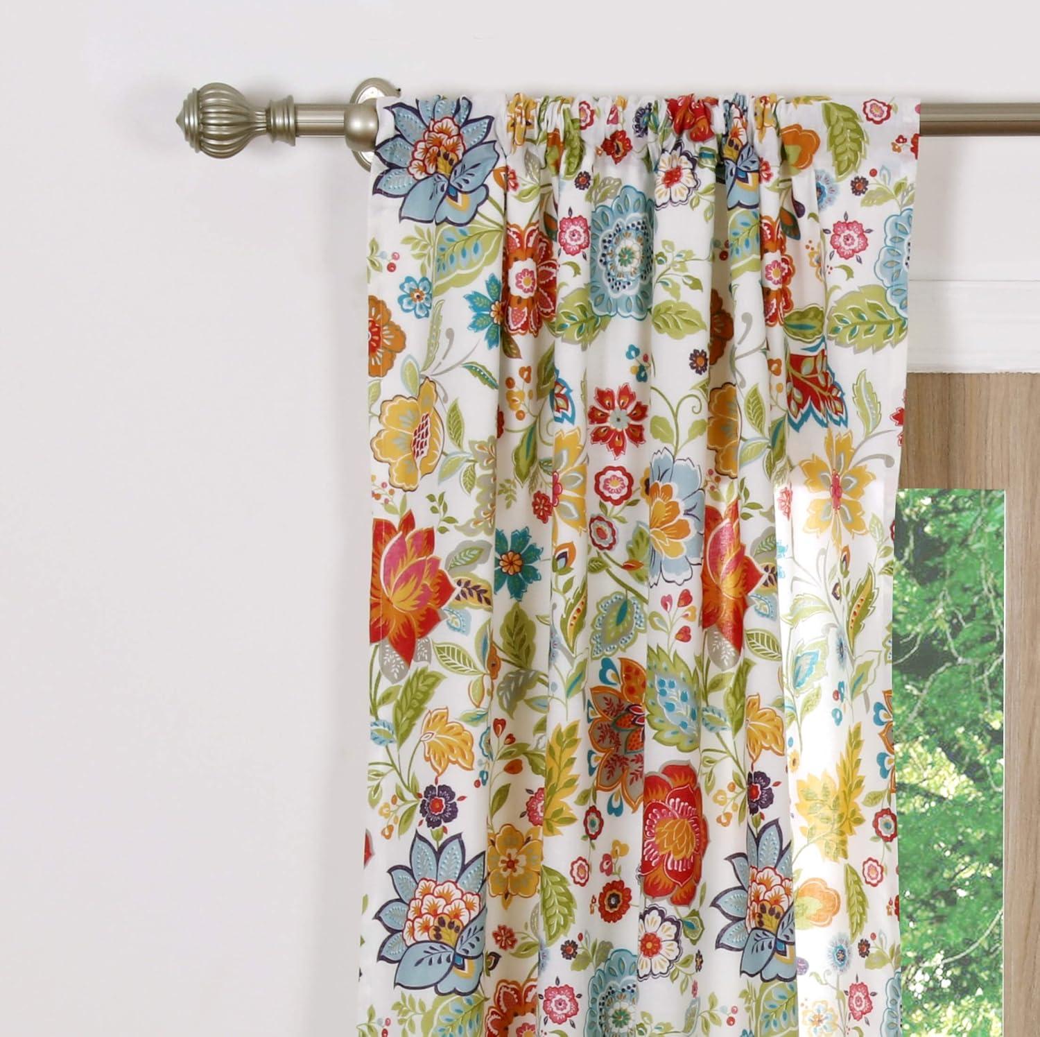 White Floral Polyester Sheer Rod Pocket Drapes