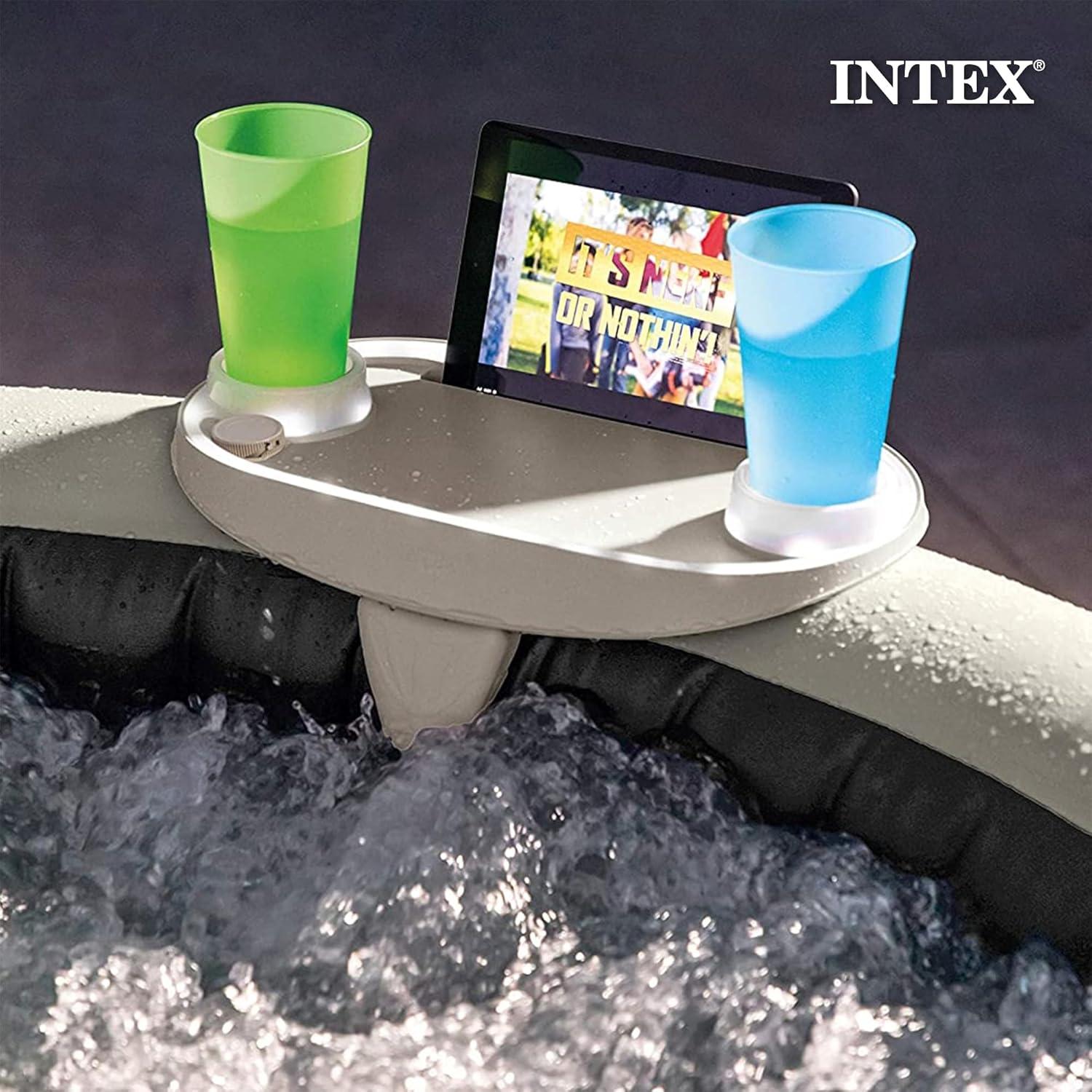 Intex PureSpa Plus Greystone Inflatable Square Outdoor Hot Tub Spa, 94 x 28", and Tablet Mobile Phone Spa Tray Accessory with LED Light Strip, White