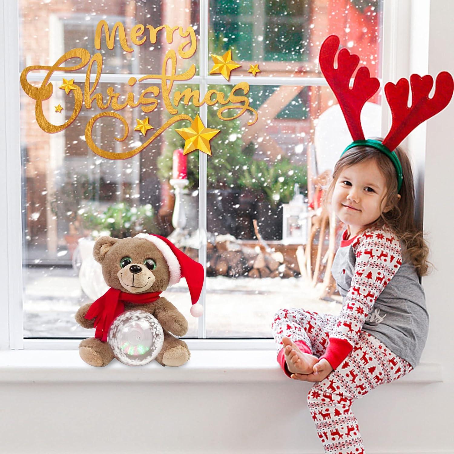 10'' Christmas Teddy Bear Stuffed Animals Plush, LED Light Glow Musical Singing Bear Plush Toys with Snow Globes, Birthday Festivals Gifts for Boys Girls (Brown)