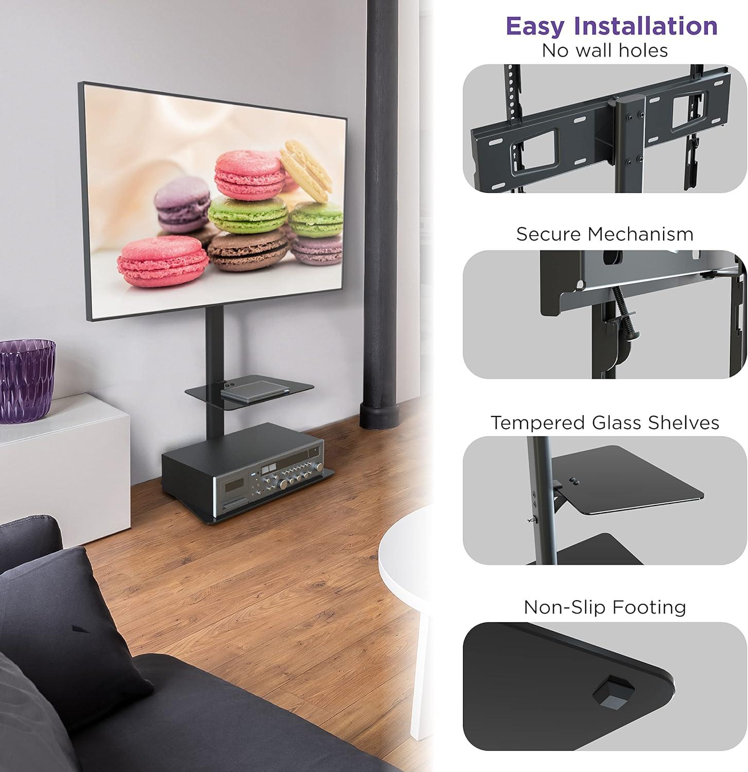 Promounts Modern Slim TV Stand with Mount for TVs 37" - 72" Up to 88 lbs with Tempered Glass Shelf
