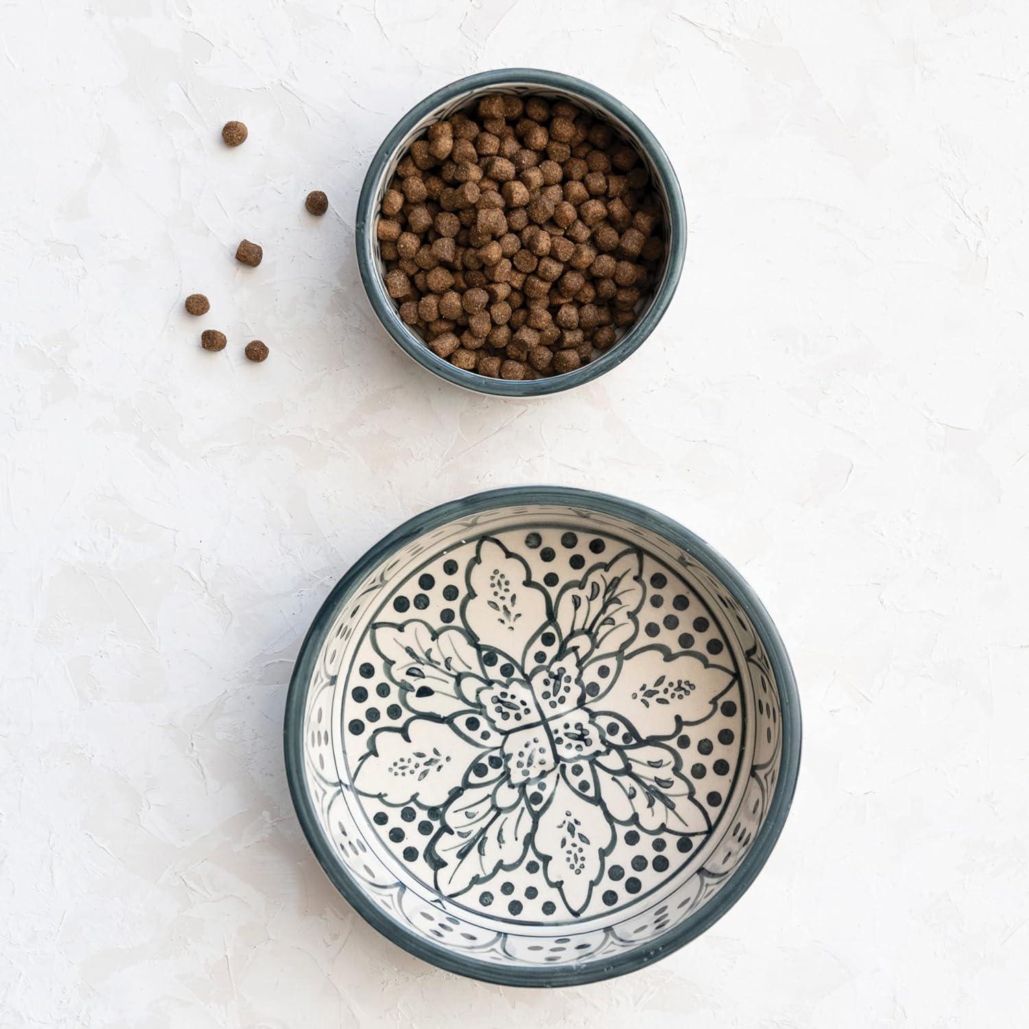 Hand-Painted Cream and Blue Stoneware Pet Bowl