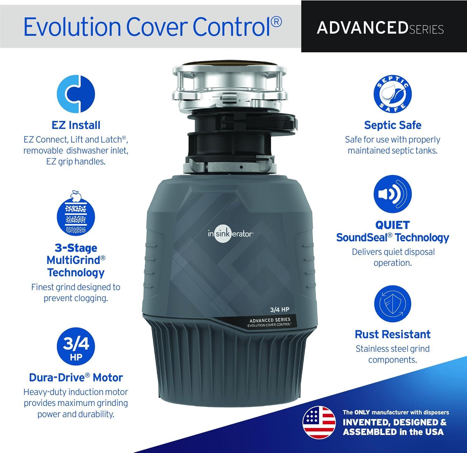 Evolution Cover Control 3/4 HP Garbage Disposal, Advanced Series Batch Feed Food Waste Disposer