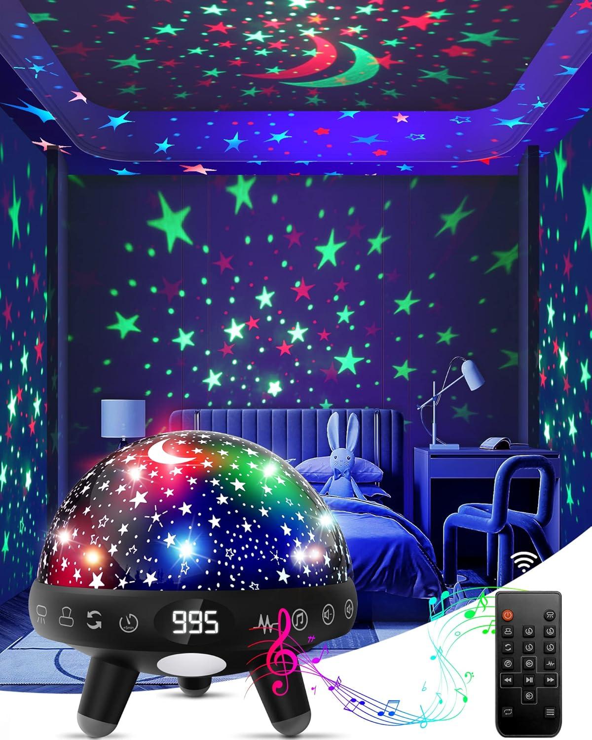 Night Light for Kids Girls Boys Star Projector White Noise Sound Machine Baby Sleep Soother Nursery Bedroom Children Bedside Lamp with Music Adapter Timer Remote Control