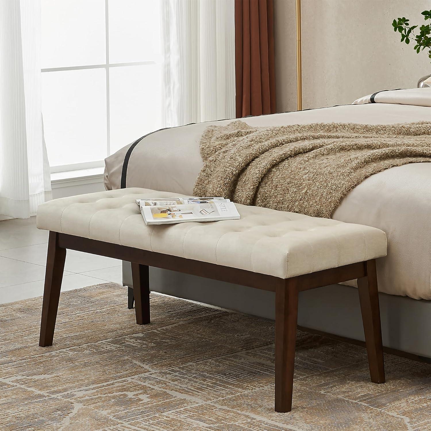 Taupe Velvet Upholstered Bench with Solid Wood Legs