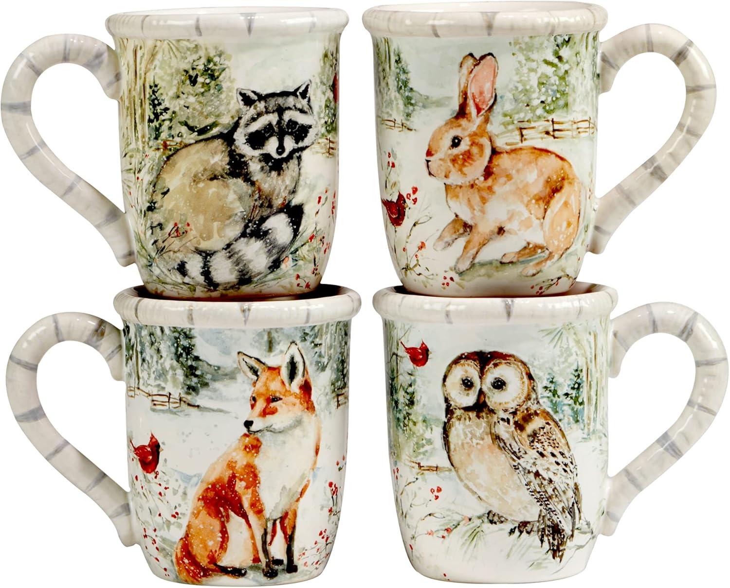 Winter's Walk Multicolor Ceramic 16oz Animal Print Mugs, Set of 4