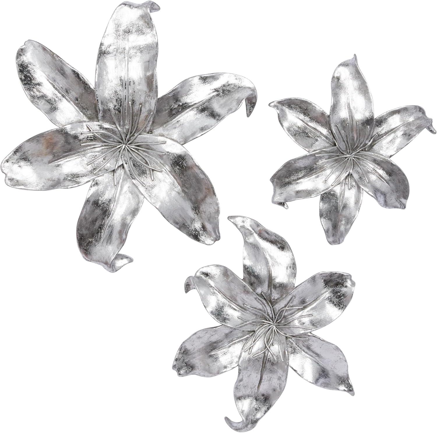 DecMode Silver Polystone 3D Floral Wall Decor (3 Count)