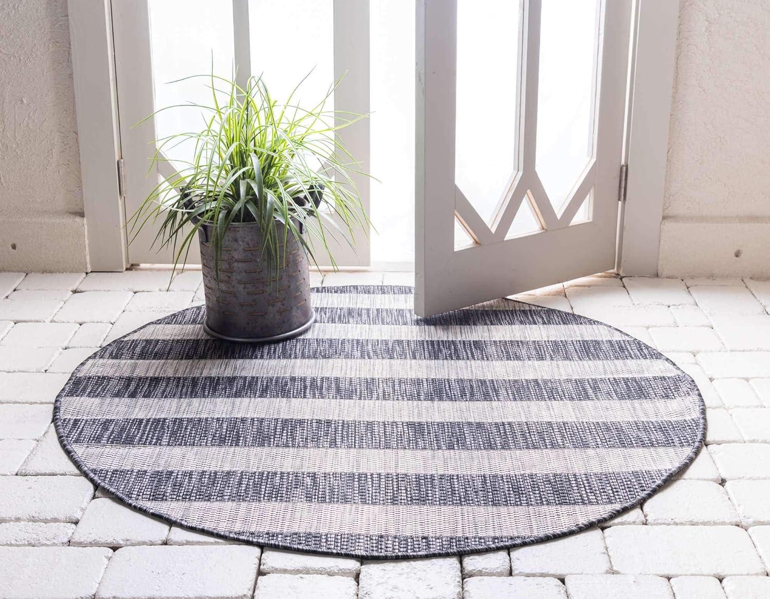 Round Gray and Black Striped Outdoor Rug