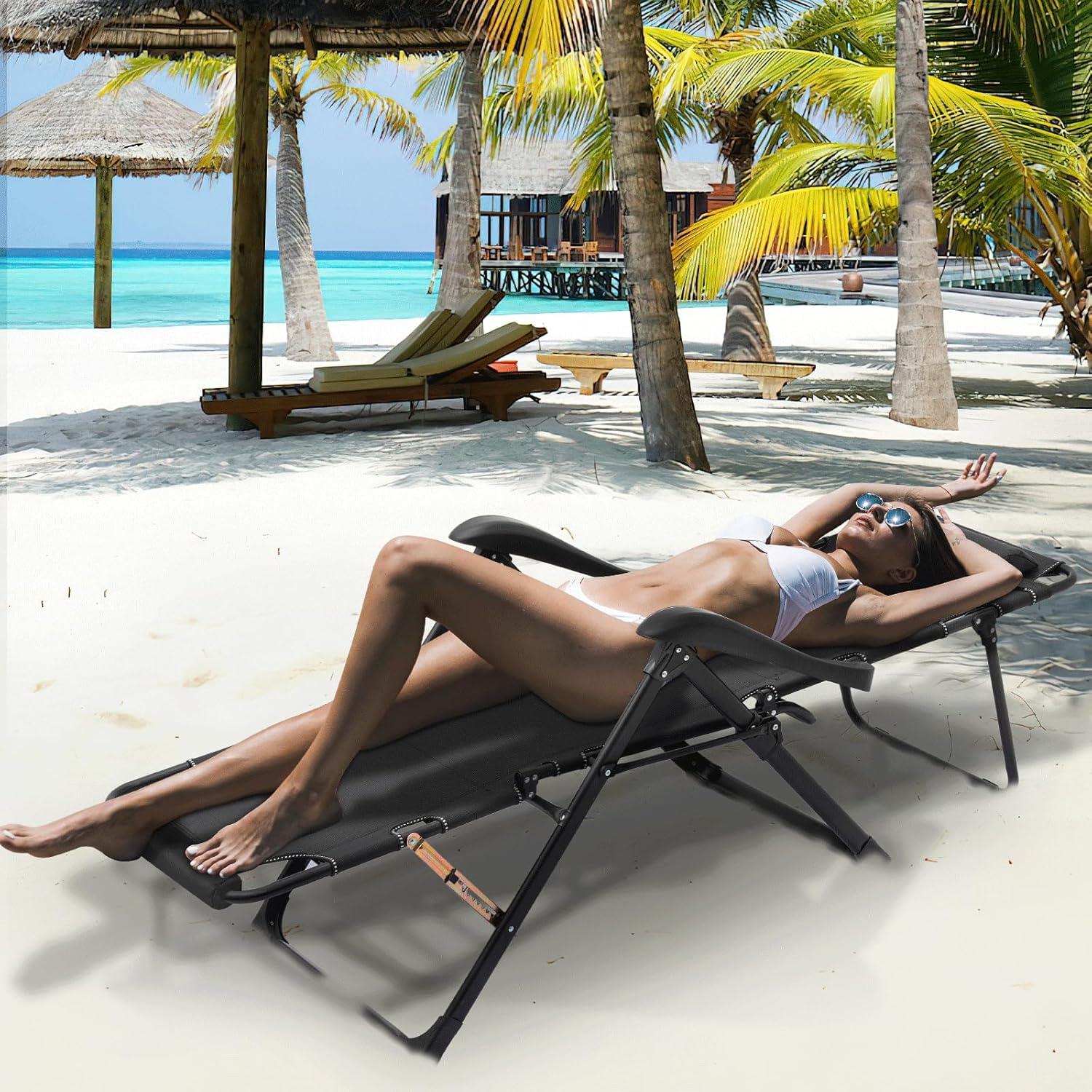 MoNiBloom Patio Lounge Chair with Adjustable Headrest & Foot Pads, Outdoor Folding Reclining Beach Lawn Lounger, Black