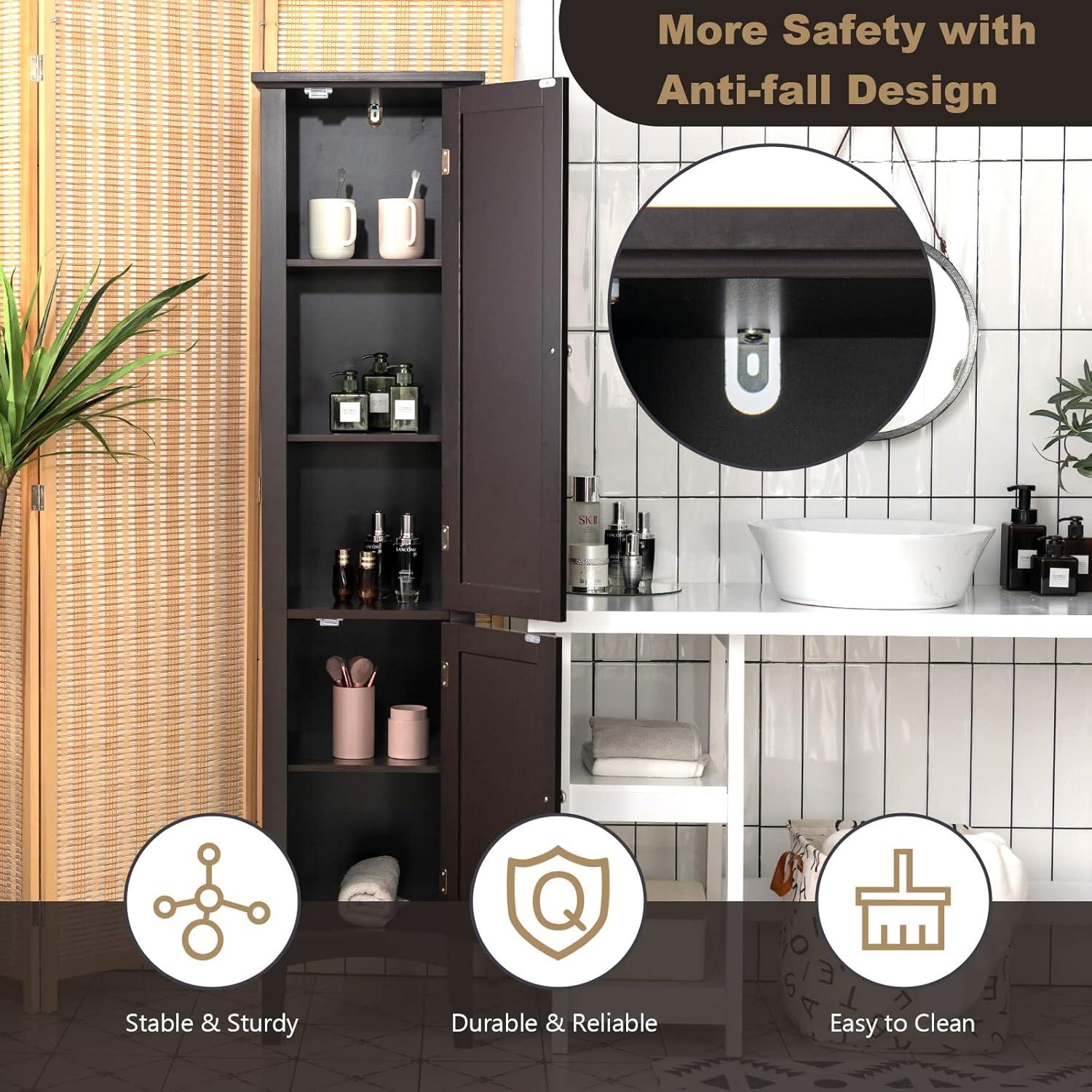 5 Tier  Freestanding Tower Cabinet Tall Bathroom Storage Cabinet Brown