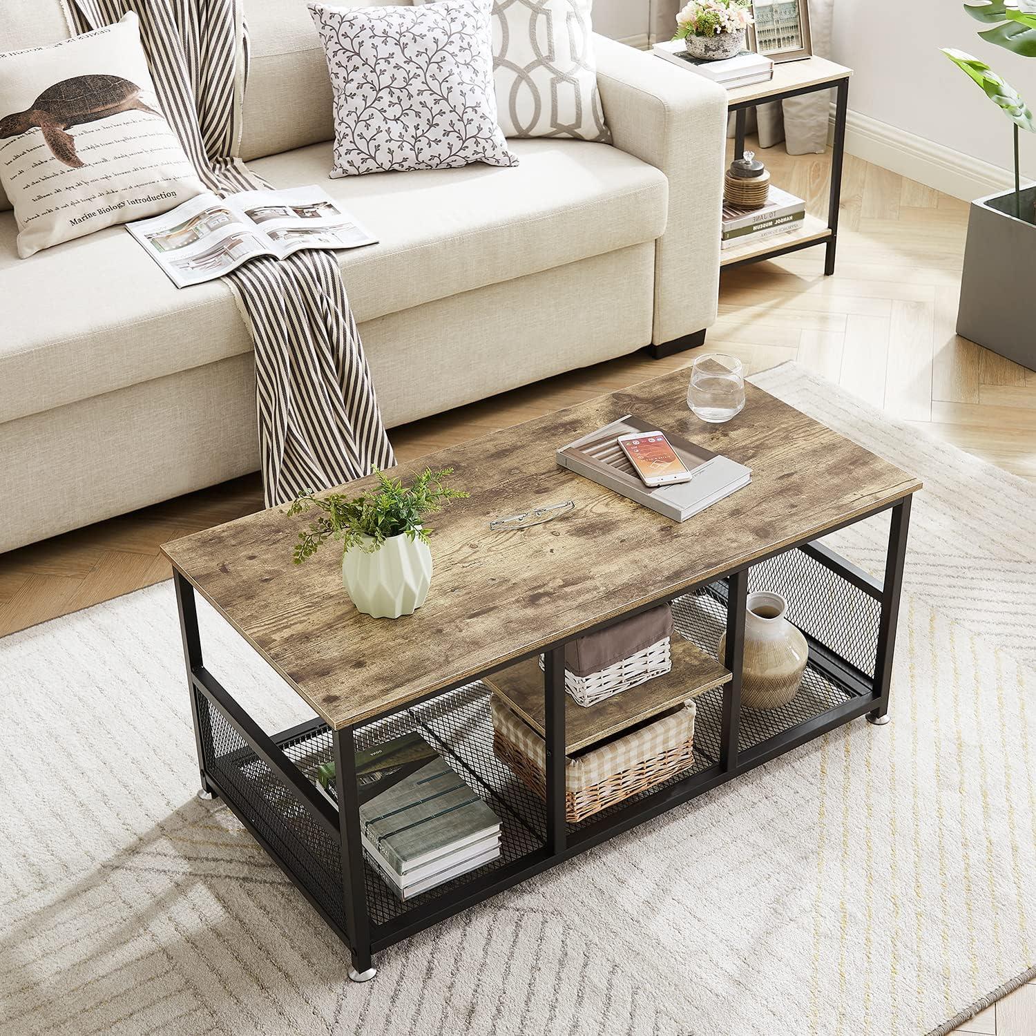 17 Stories Coffee Center Table With Storage For Living Room Office Reception, Industrial Mesh Shelf, 39.4 Inch,