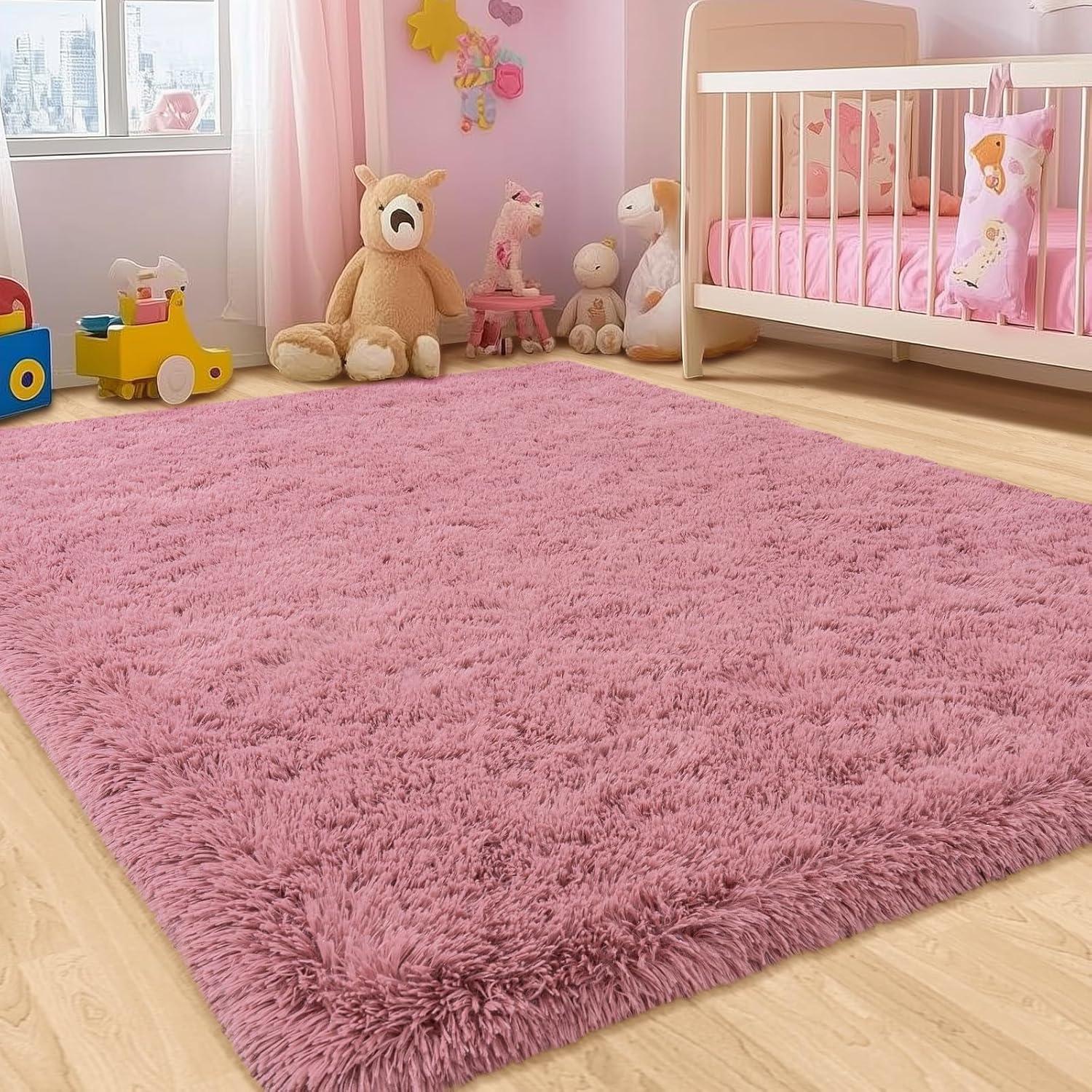 Large Shag Rug 6 x 9 for Living Room, Fluffy Blush Pink Area Rug for Girls Kids Bedroom, Soft Fuzzy Plush Throw Carpet, Non Slip Modern Indoor Shaggy Rug for Home Decor Aesthetic