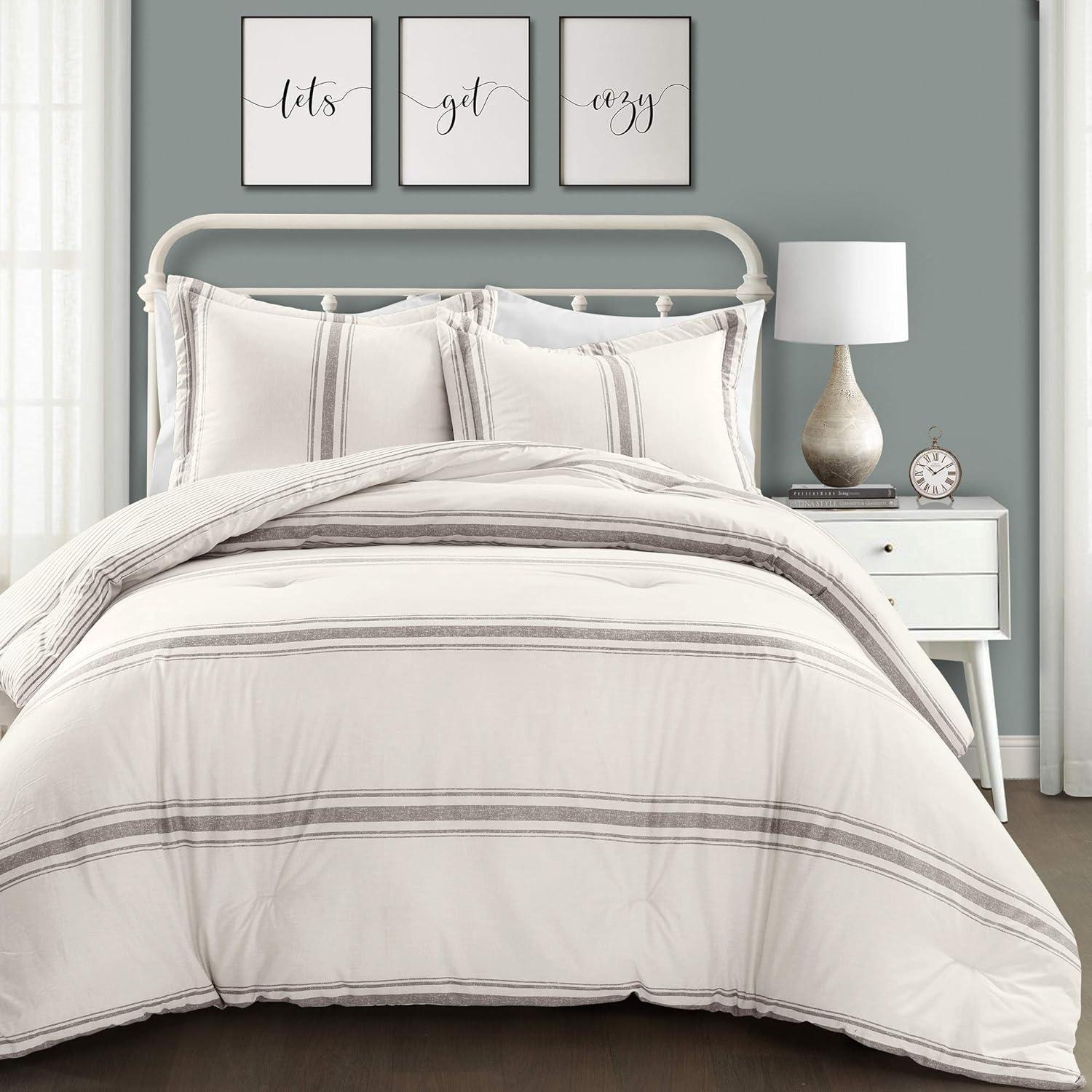 3pc King Farmhouse Stripe Reversible Comforter & Sham Set Gray - Lush Décor