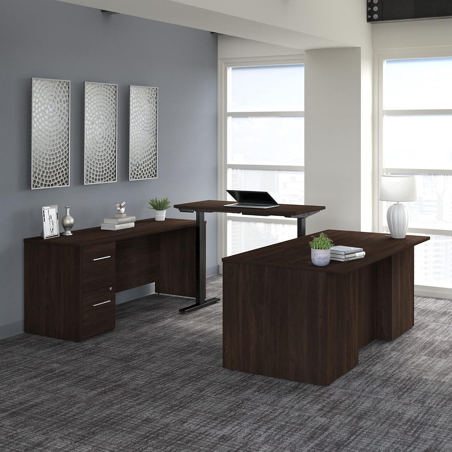 Contemporary Black Walnut U-Shaped Adjustable Desk with Storage