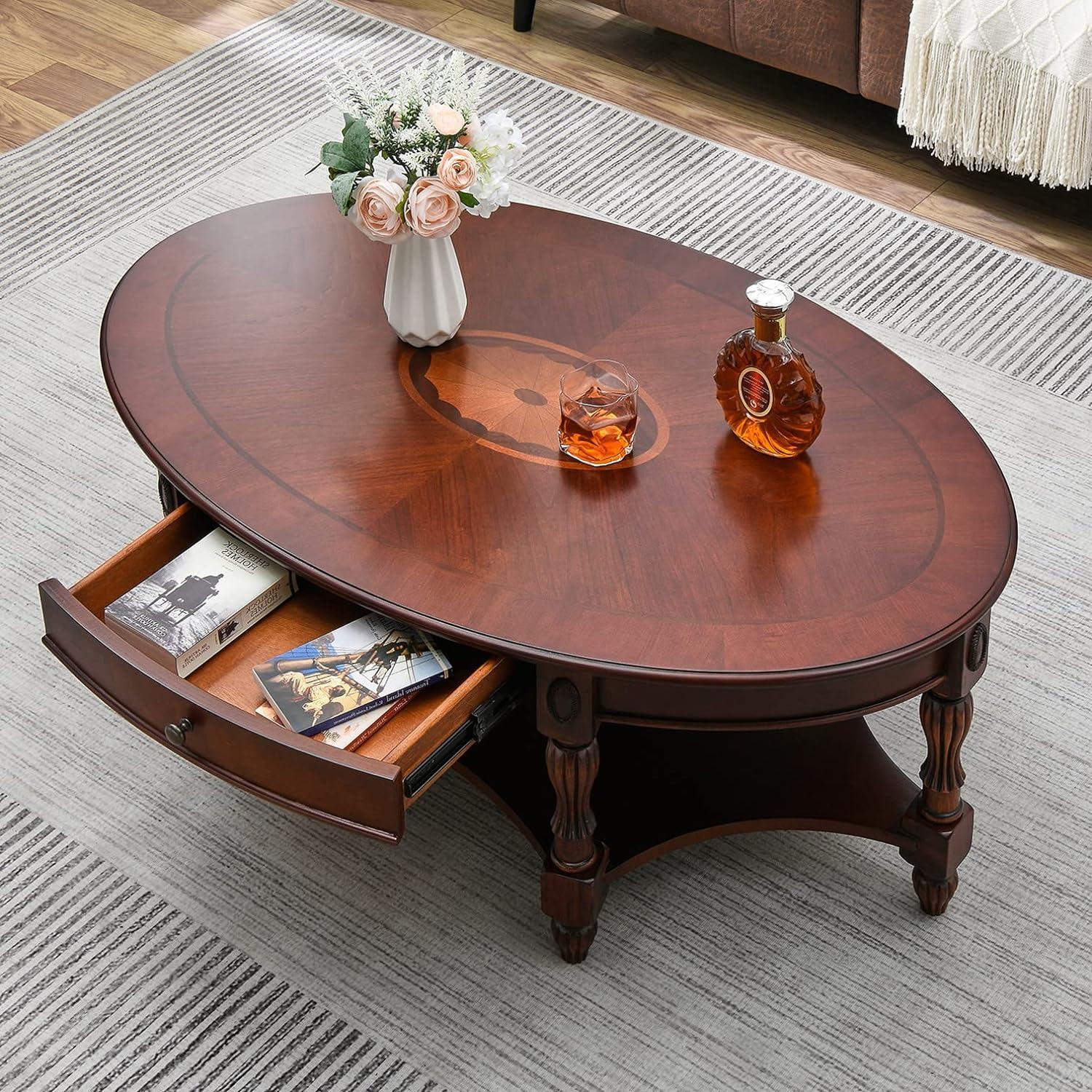 Solid Wood Coffee Table Console Table with Storage Drawer With drawers Coffee Table Wood, Cherry Coffee Tables