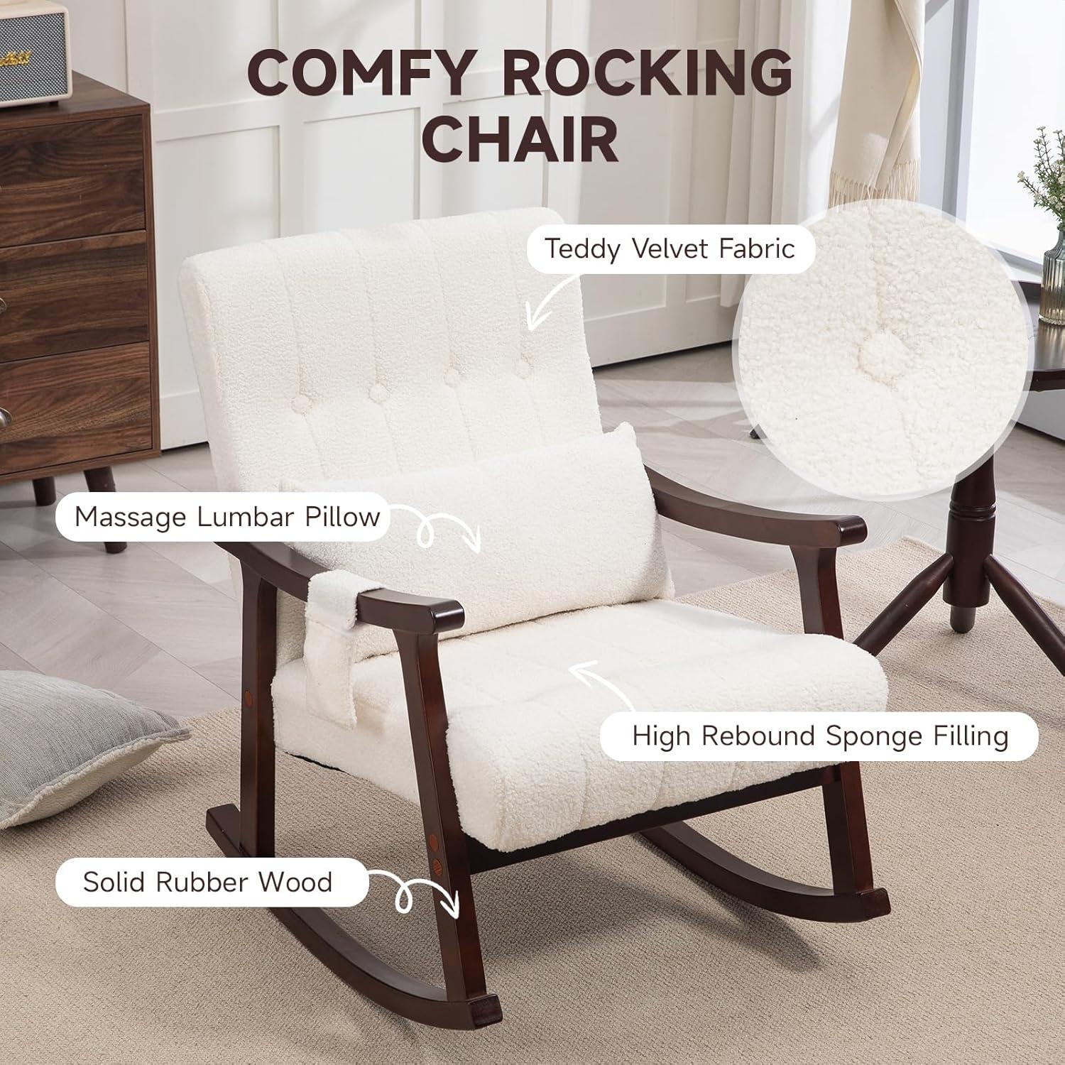 AVAWING Upholstered Rocking Chair, Small Boucle Glider Rocker with 2-Point Massage Lumbar Pillow and Solid Wood Legs, for Bedroom and Living Room, White