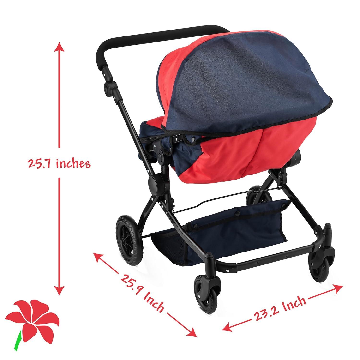 Double Doll Stroller for Twin Baby Dolls - Convertible Seat Toy Stroller for Toddlers 3 Years and up, Adjustable Handle with Storage Basket, Red Design for Kids